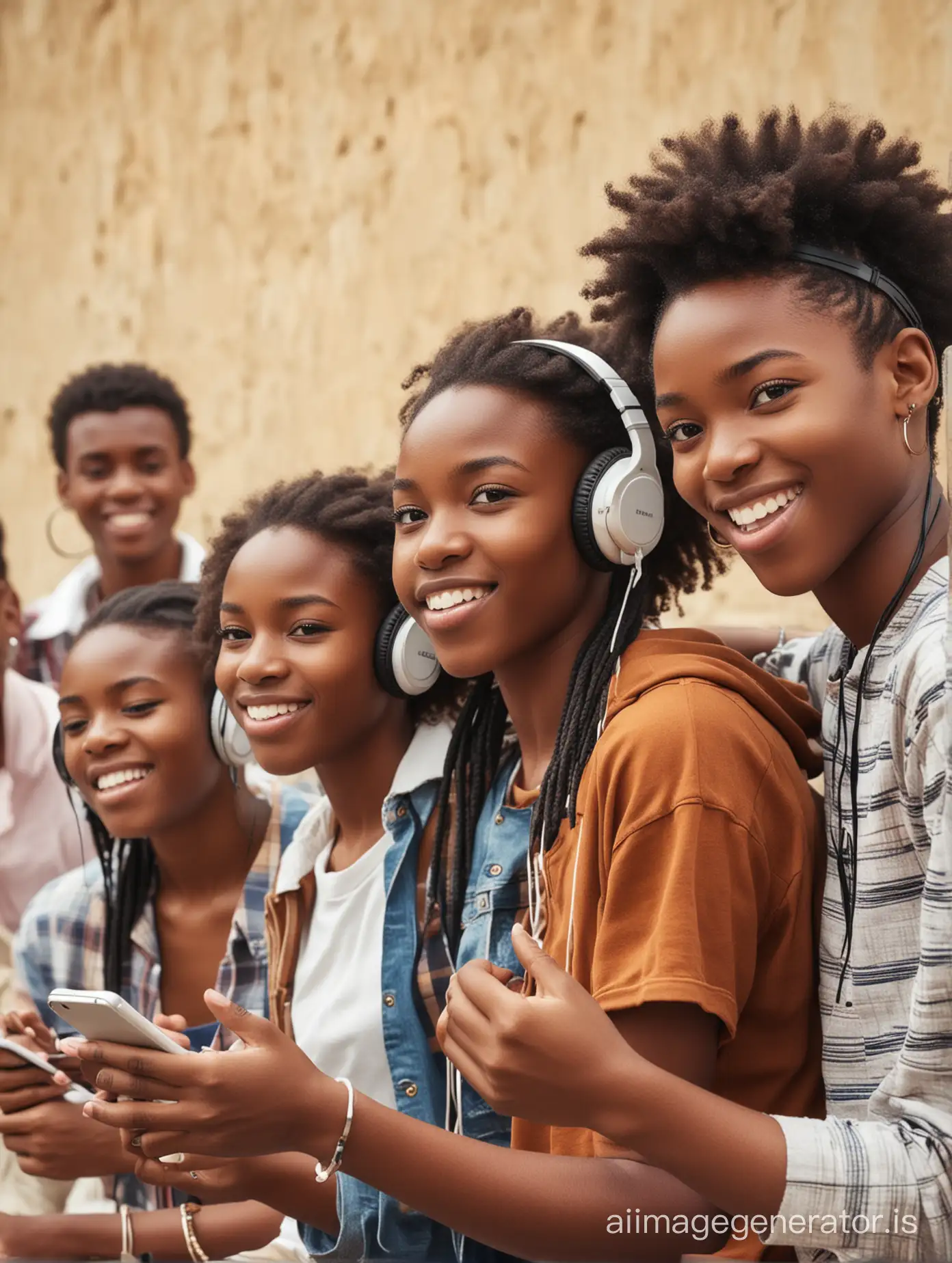 create a group of modern African teenagers listen to music