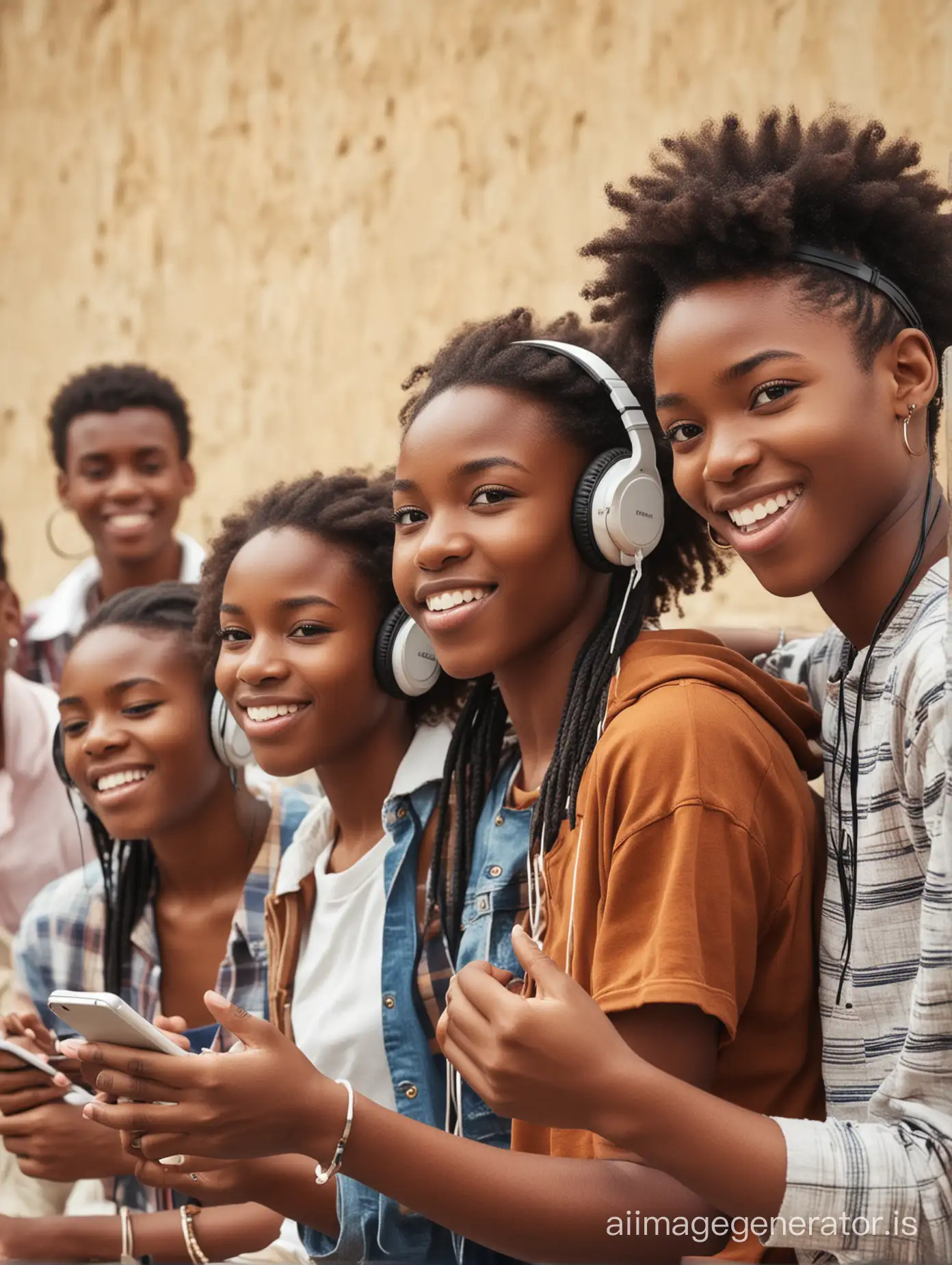 create a group of modern african teenagers listen to music
