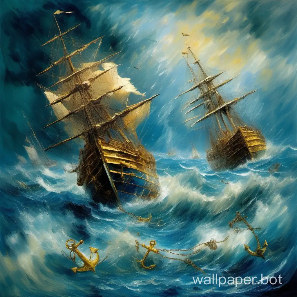 In the sea, the wind, the storm in the sea, hurricanes howl in the sea, boats and big ships sink in the blue sea, ships go to the bottom with anchors, with sails, dropping golden chests on the seafloor, impressionism.