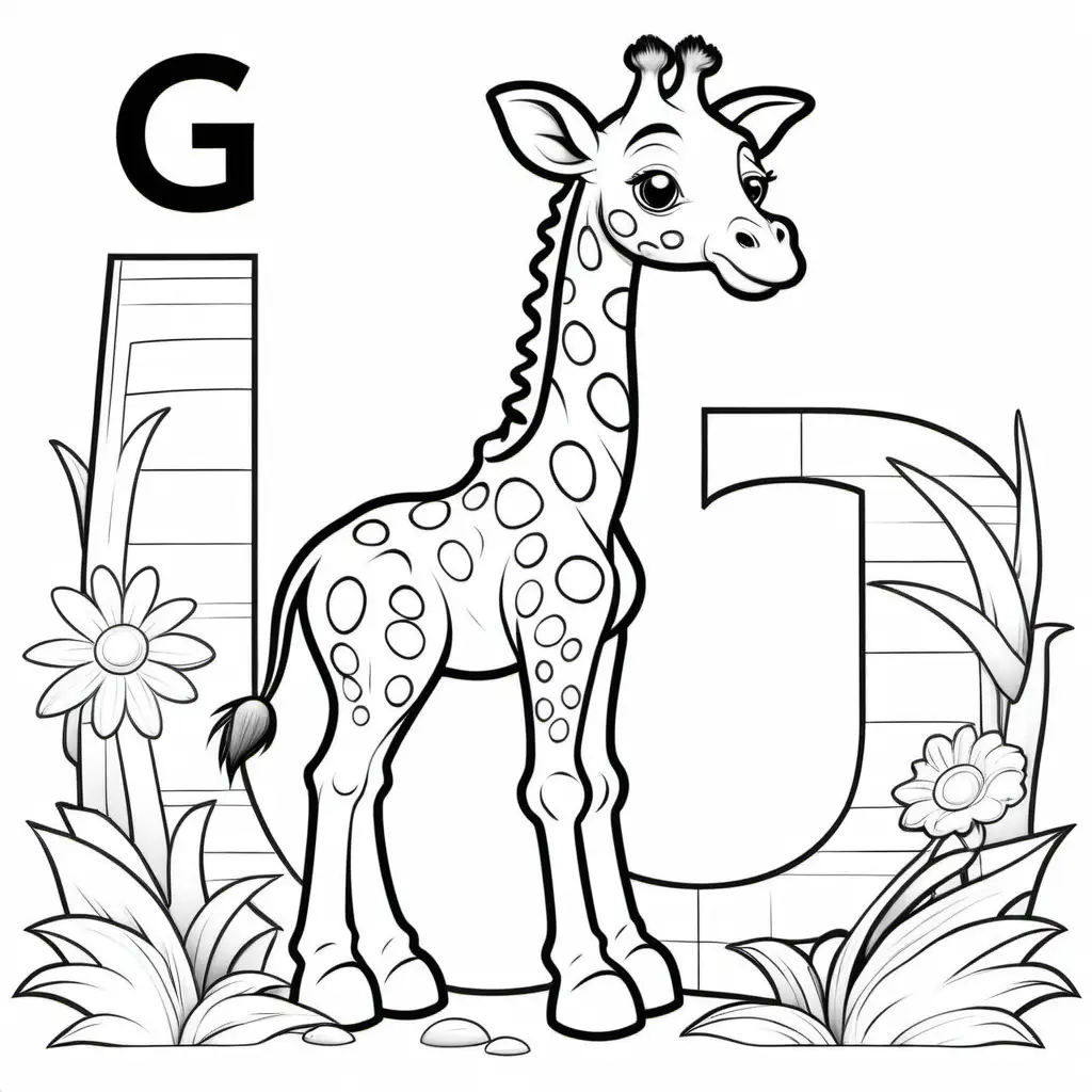 coloring book for kids, letter G with baby giraffe, cartoon style, thick lines, low detail, no shading, -- ar, 9:11