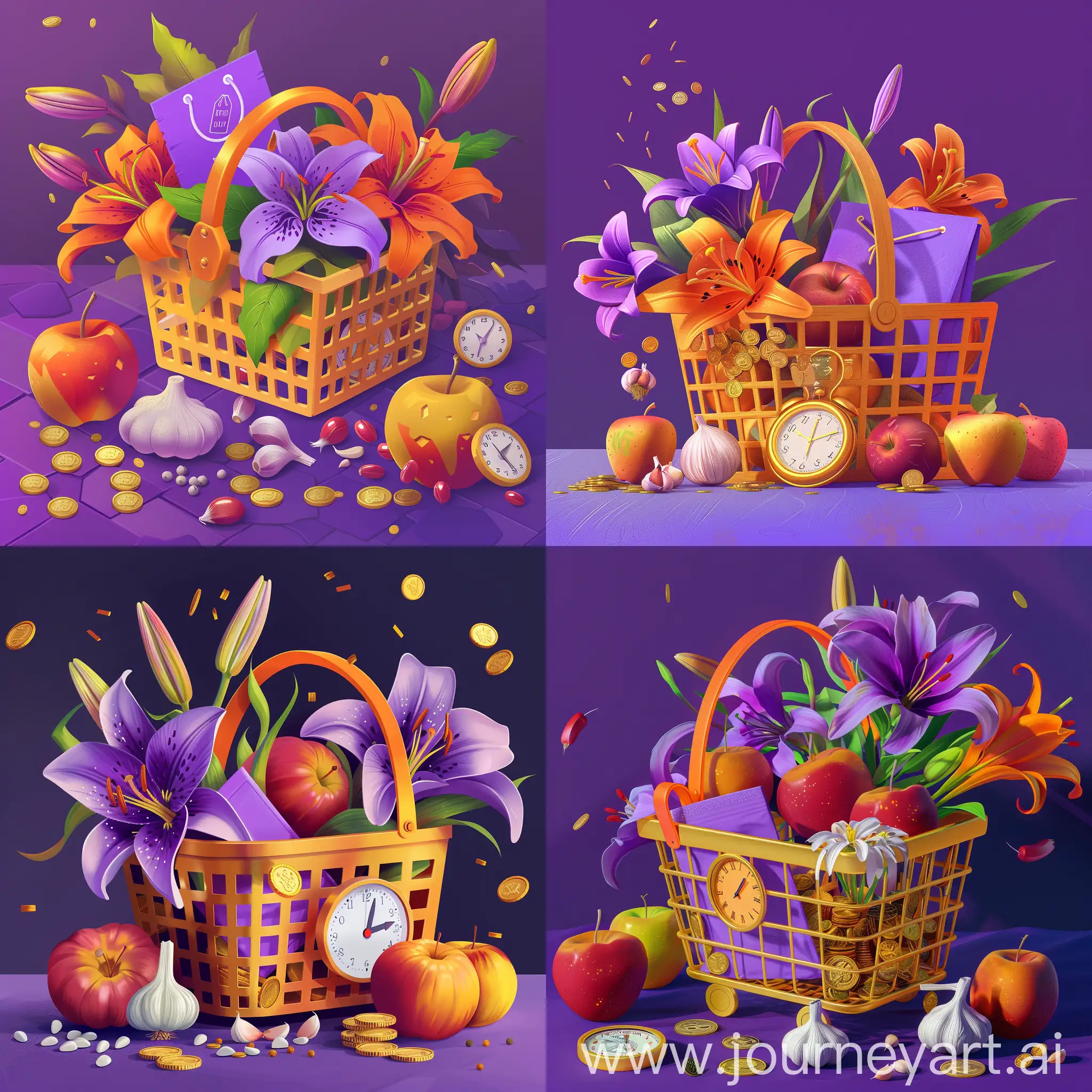 Vibrant-Purple-Shopping-Table-Gold-Basket-Lilies-Apples-Garlic-and-Coins