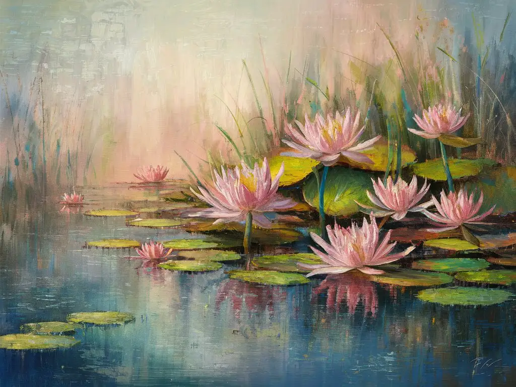 Tranquil Pond with Impressionistic Water Lilies