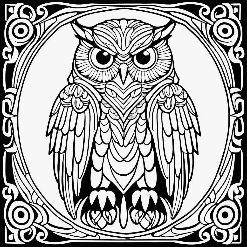 black and white, coloring page, clear defined dark lines and line border, no shadows, no greying, without the use of shadows or any form of graying. Emphasize clean lines, distinct shapes, and solid, non-gradient fills to maintain a simplistic and high-contrast appearance suitable for coloring, white areas, white background, mythical owl