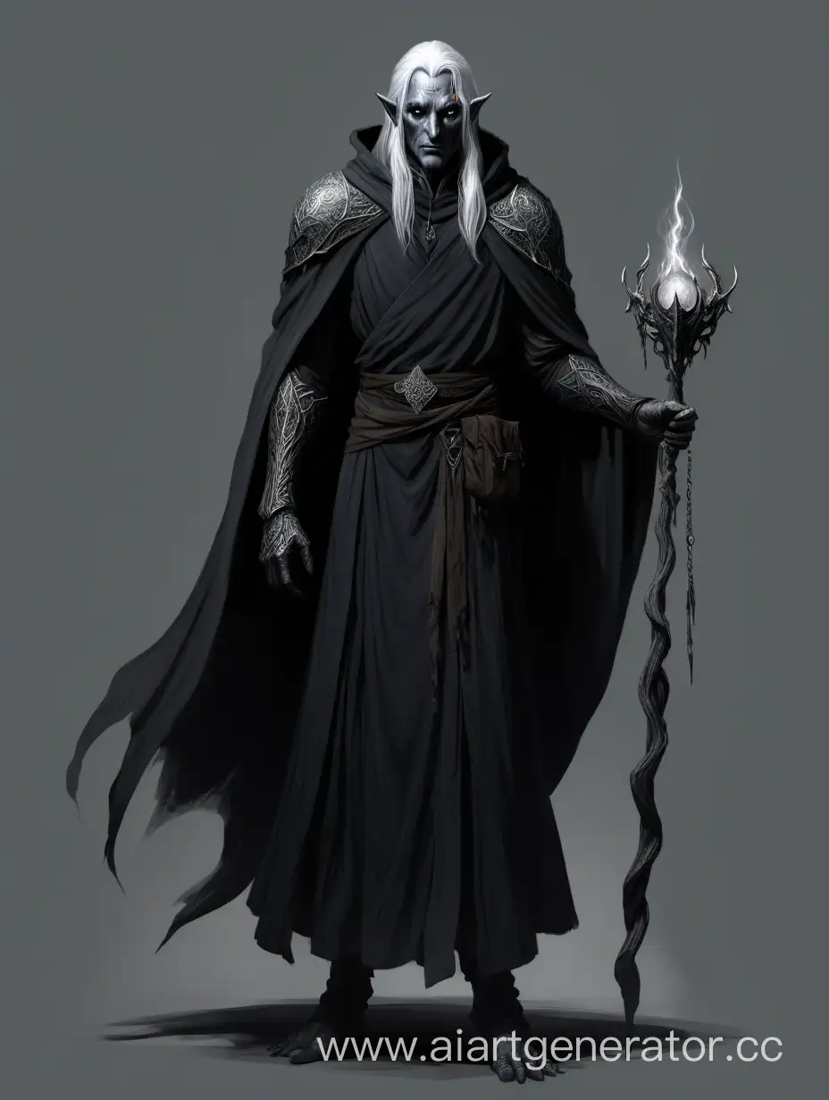 1man, older drow man, standing, full body, grey scale, lord of the rings vibes, dark souls vibes, black robes with ornaments, solo, solo standing, drow, drow man, grey skin, white hair, grey background concept art, concept, concept artwork