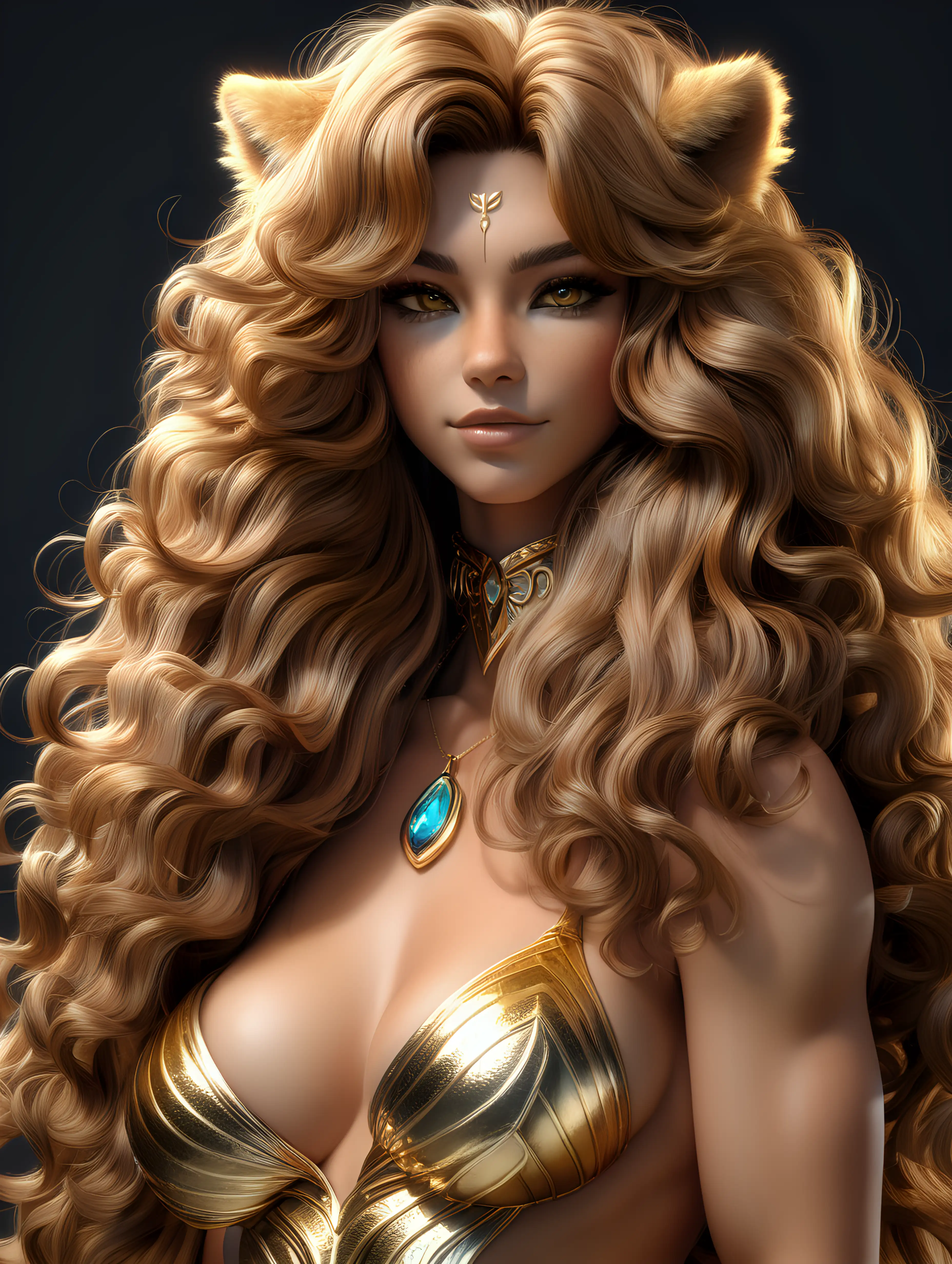 very hot beautiful catgirl. very long curly wavey voluminous golden brown hair. unreal engine 5. hyperrealism. very intricately and microscopically detailed. Ultra high definition. abs. marble. neon. holographic. ultra realistic 3d blender sfm textures. fur trimmed forearms. golden honey brown fur. portrait. furry. mane around neck. muscular shoulders. dark gold lion mane fur shawl. lion mane