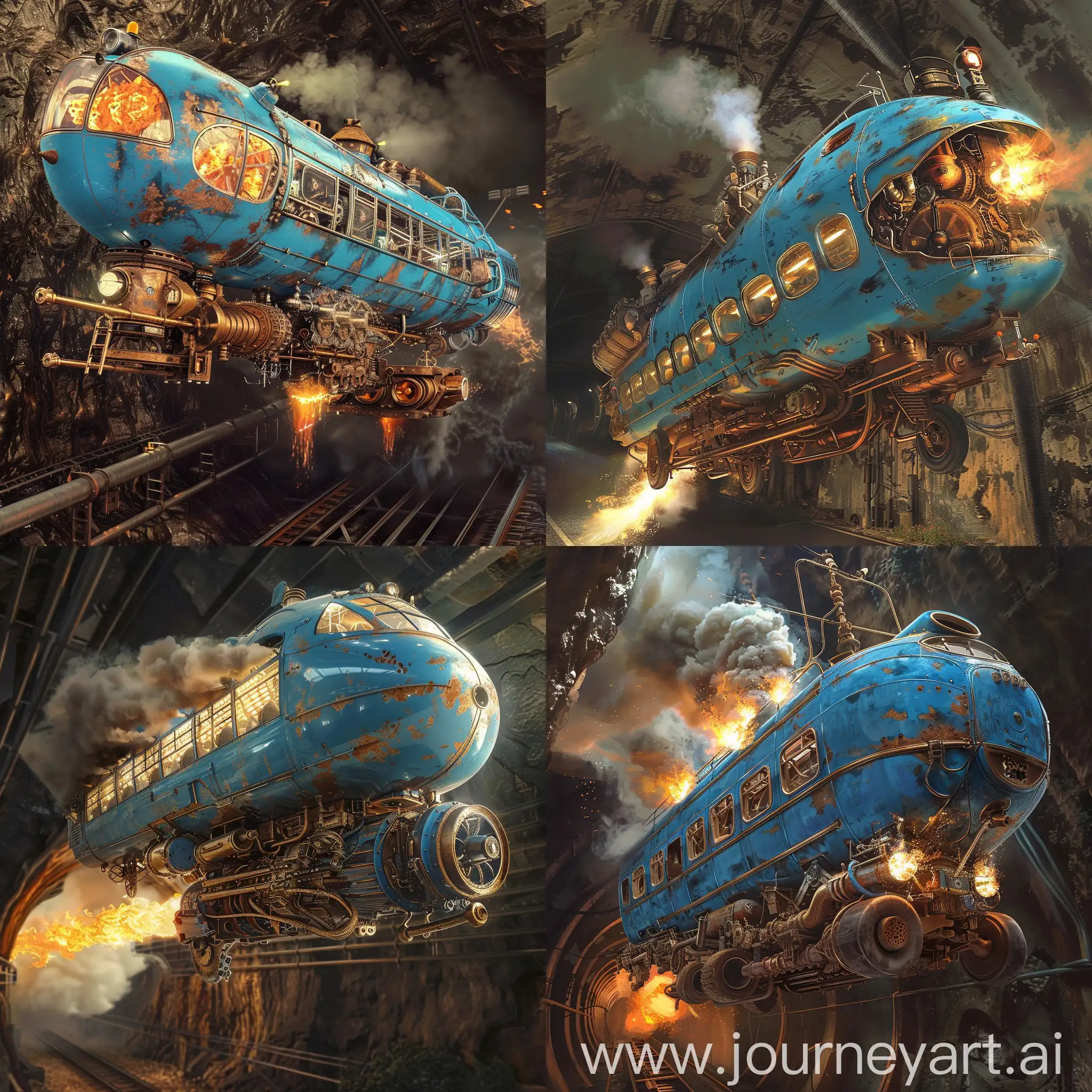 A blue rocket like a bus, hovering in the air, with a huge steam engine, fire and smoke coming out of the engine,in the tunnel,rusted,intricate body,extremely detailed,powerful,natural light,steampunk.