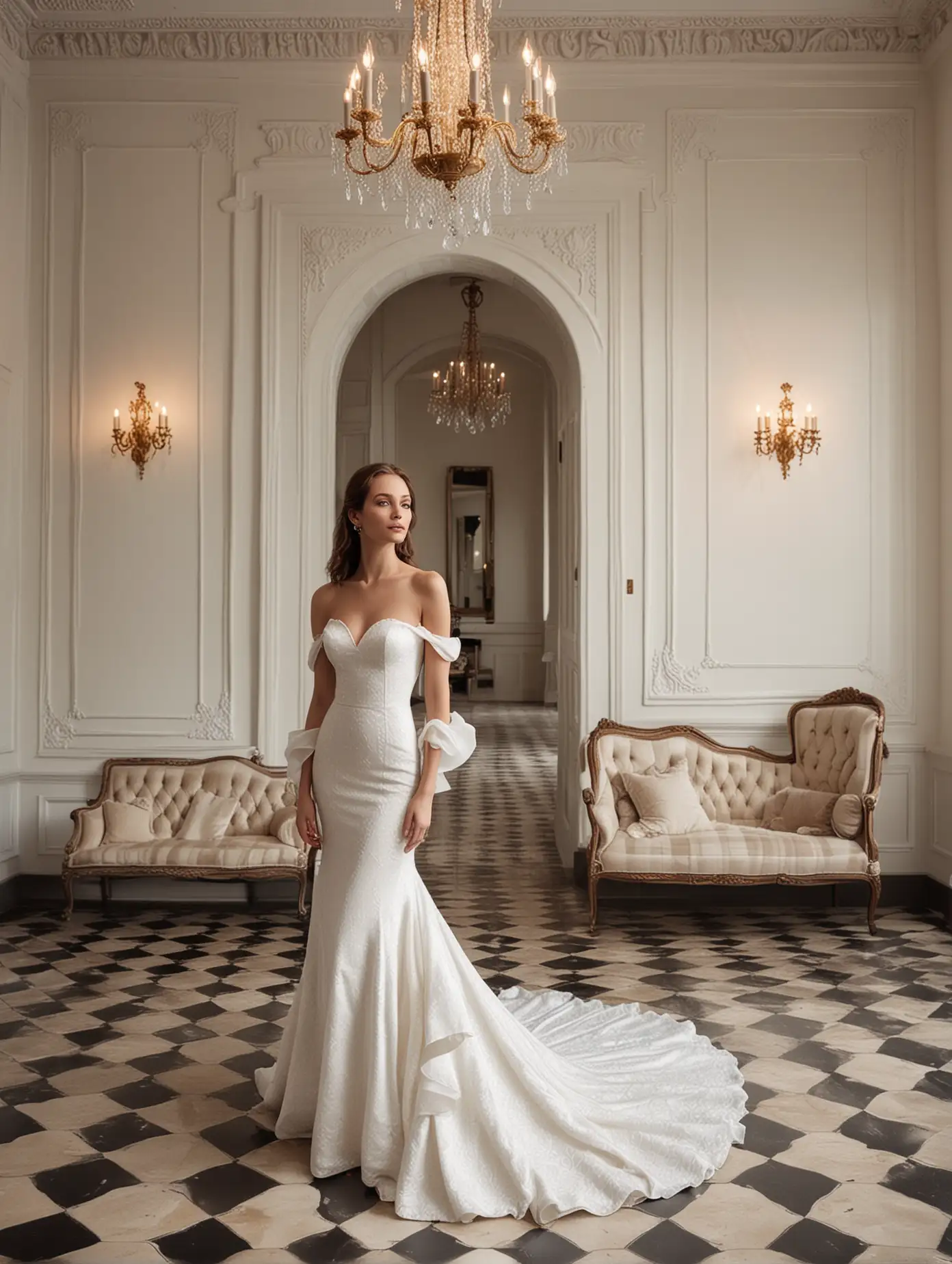 fashion photography of an elegant white mermaid wedding dress with a shoulderless neckline, a simple off-the-shoulder top and train. The gown features flared sleeves at the shoulders, with a fitted bodice that gracefully falls to form its figure-hugging silhouette. It has an eye-catching ruffled detail on one side, adding character while maintaining elegance in simplicity. Standing against a luxurious black and cream checkered floor in front of an ornate wall hanging, in the style of a chandelier.