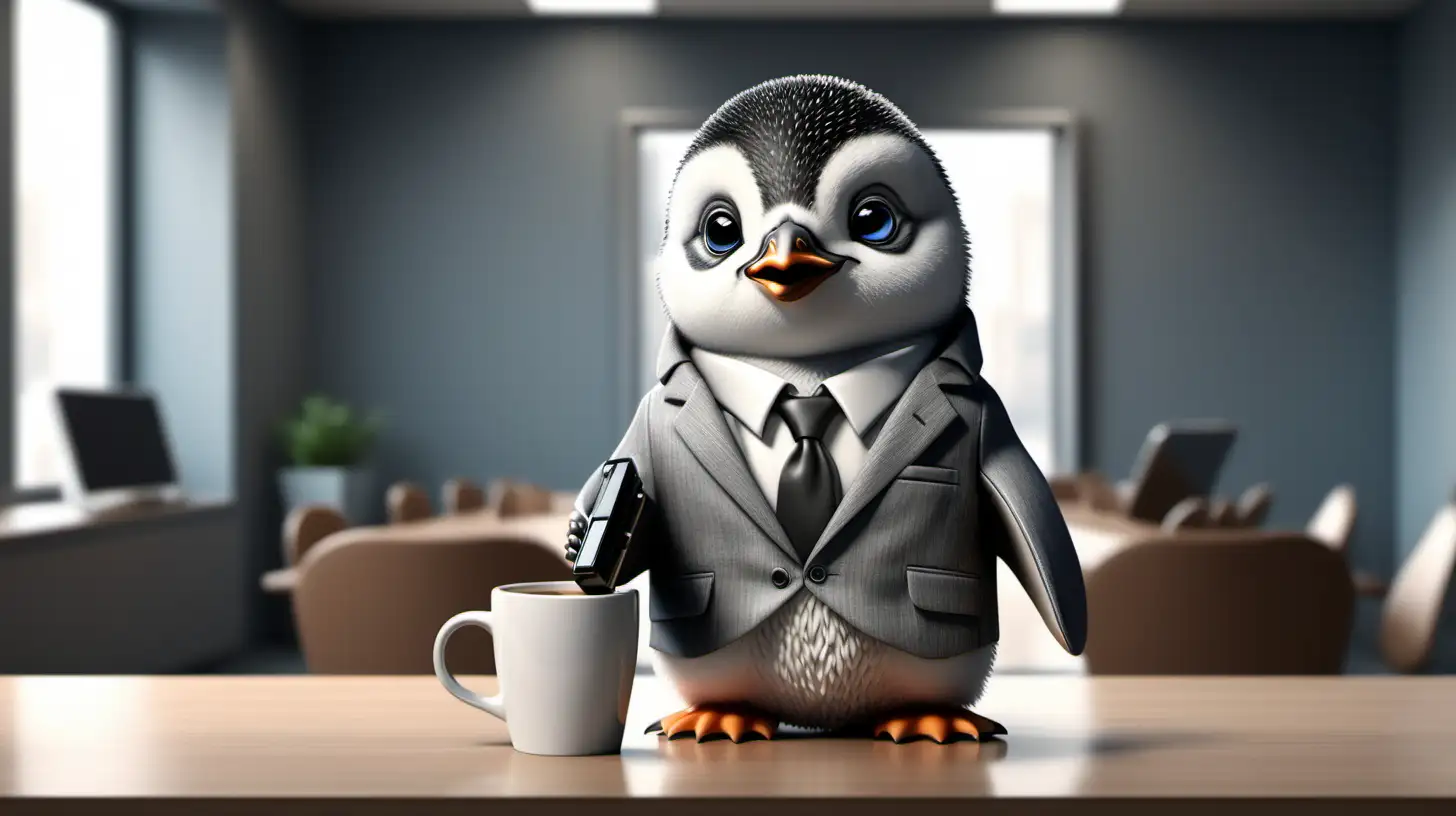 a cute baby penguin wearing a suit in a meeting room holding a smartphone and a coffee mug in one hand, hyper realistic, intricate details