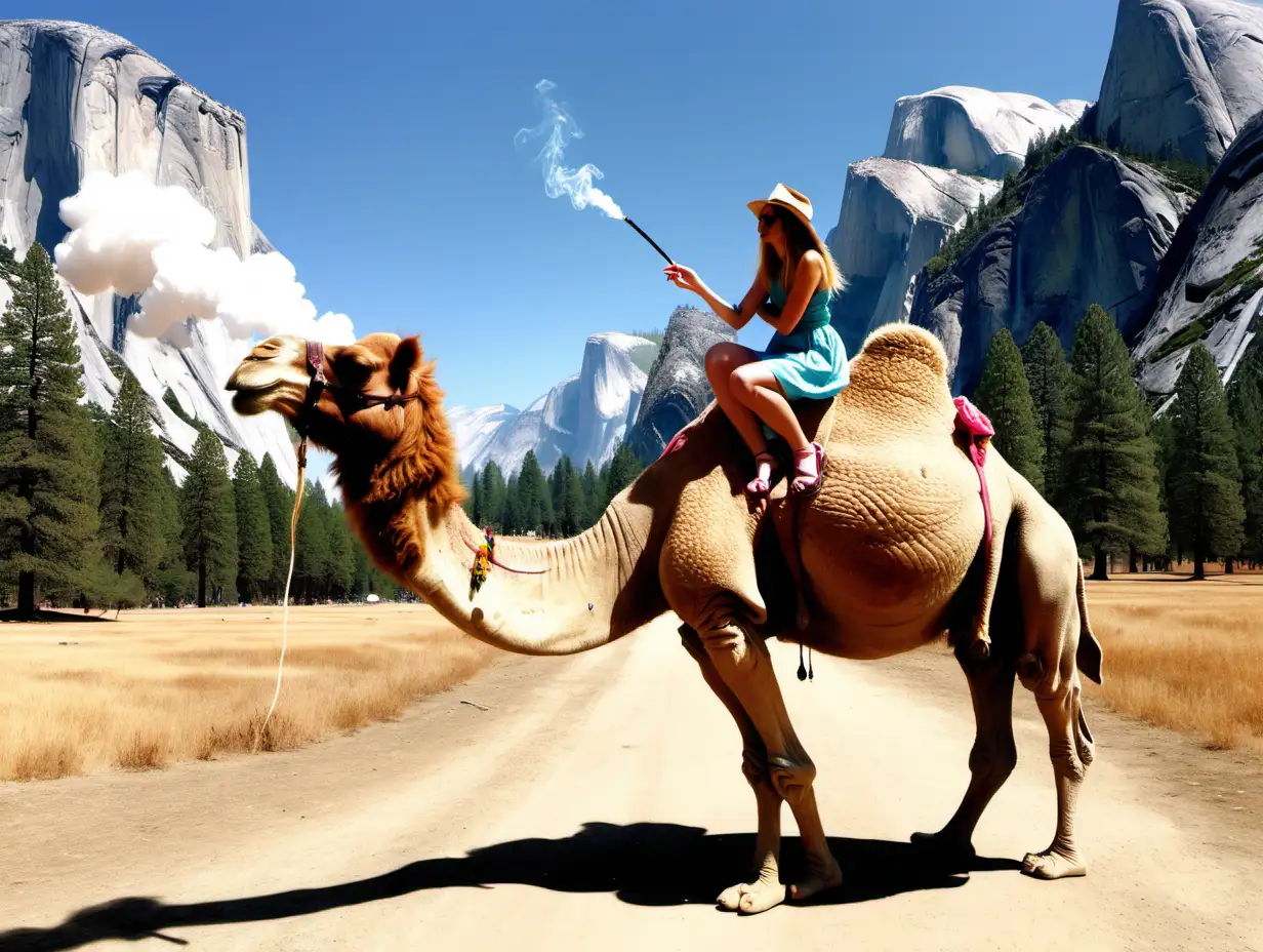 Alice and a hookha smoking catipillar riding a camel in Yosemite