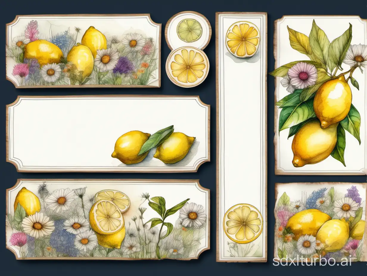 some white labels with blank centers, at the edges colourful lemons and wildflowers,  wooden ornaments, highly detailed delicate drawing and watercolor