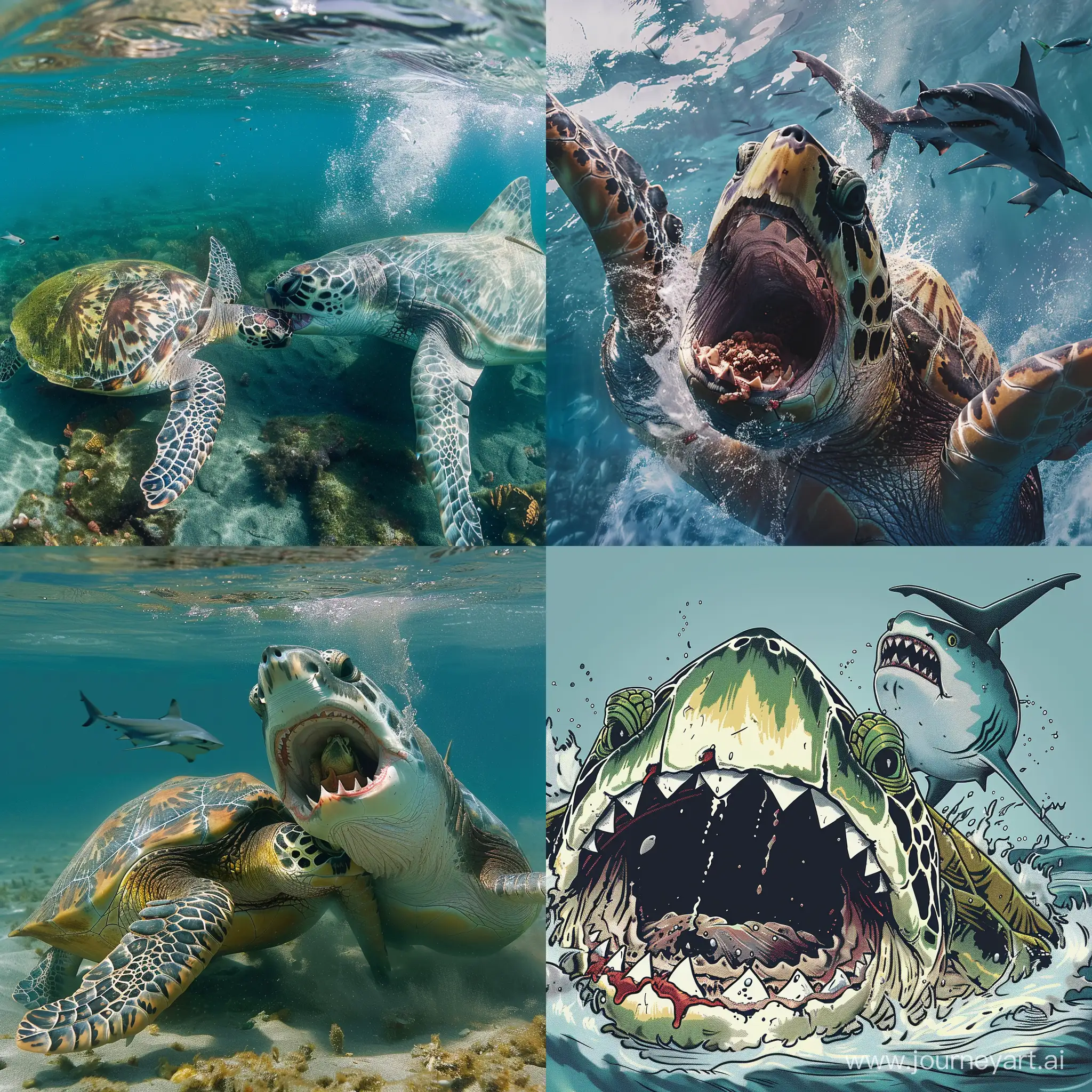 A big turtle that is eating donate,A big shark that is eating turtle