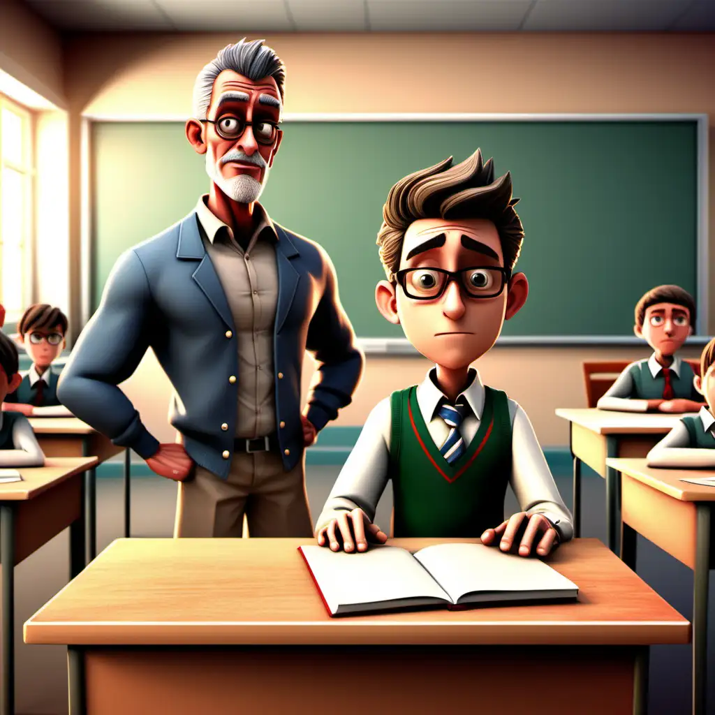 Create a 3D illustrator of an animated image of a guilty looking student standing in his desk in a classroom, and middle aged male teacher standing in front of the classroom, students are sitting in their places. Beautiful and spirited background illustrations.