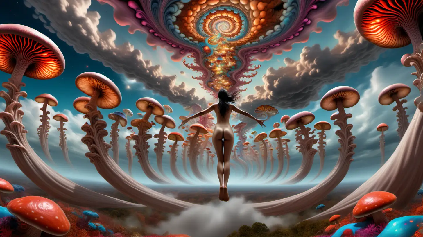 Psychedelic fractal sky with swirling fluid , multicolored fractal mushrooms extending from the ground up to the sky on right and left, nude Asian skinned female figure floating in mid air facing towards the sky with arms extended, hyper realistic, moody and euphoric