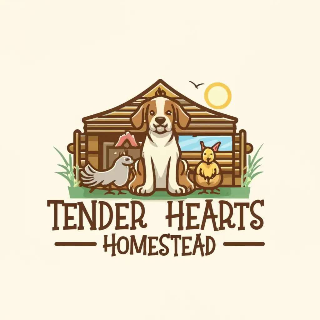 a logo design,with the text "Tender Hearts Homestead", main symbol:a dog (center), a goat (right) propped over the fence and a chicken (left) sitting on the fence.,Moderate,be used in Animals Pets industry,clear background