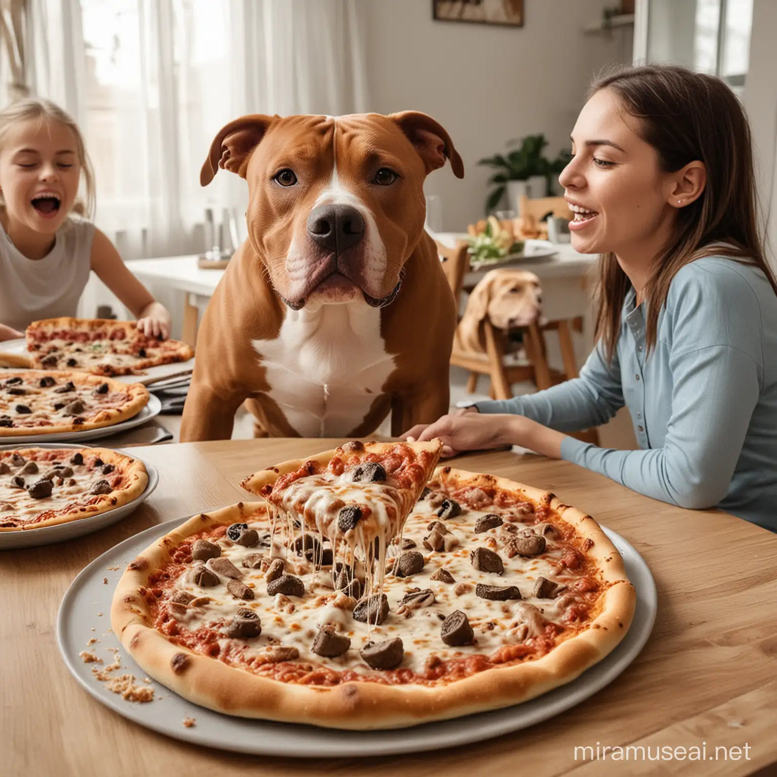 image of a pitbull been feed Pizza by the human owner as the other members of the family eat at the dinning table on the background