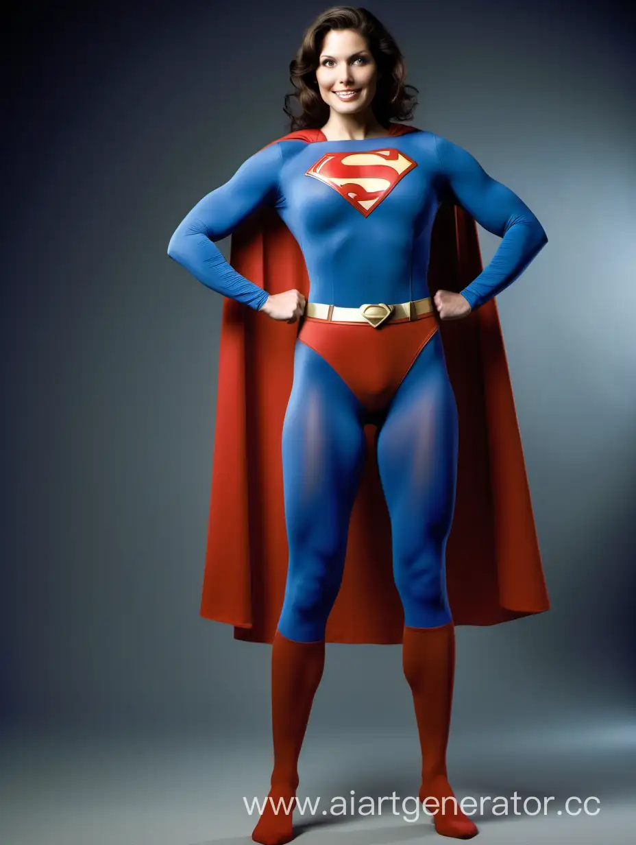 The central focus is a smiling, confident American woman of 24 years, exuding strength and power. Her impressive physique features extremely developed muscles across her arms, legs, chest, and abdomen, accentuated by her large breasts. She embodies a superhero persona, radiating heroism and might. The portrayal captures her in a full-body Superman costume, showcasing a matte spandex texture. The blue leggings and sleeves contrast with the iconic red briefs and a long, flowing cape, evoking the classic Superman look. The costume is the one worn by Christopher Reeve in 'Superman: The Movie.' This composition is reminiscent of 'Superman: The Movie,’ employing a professional photo studio to create a bright, vibrant and striking portrait that embodies the strength and heroism associated with the Superman character.