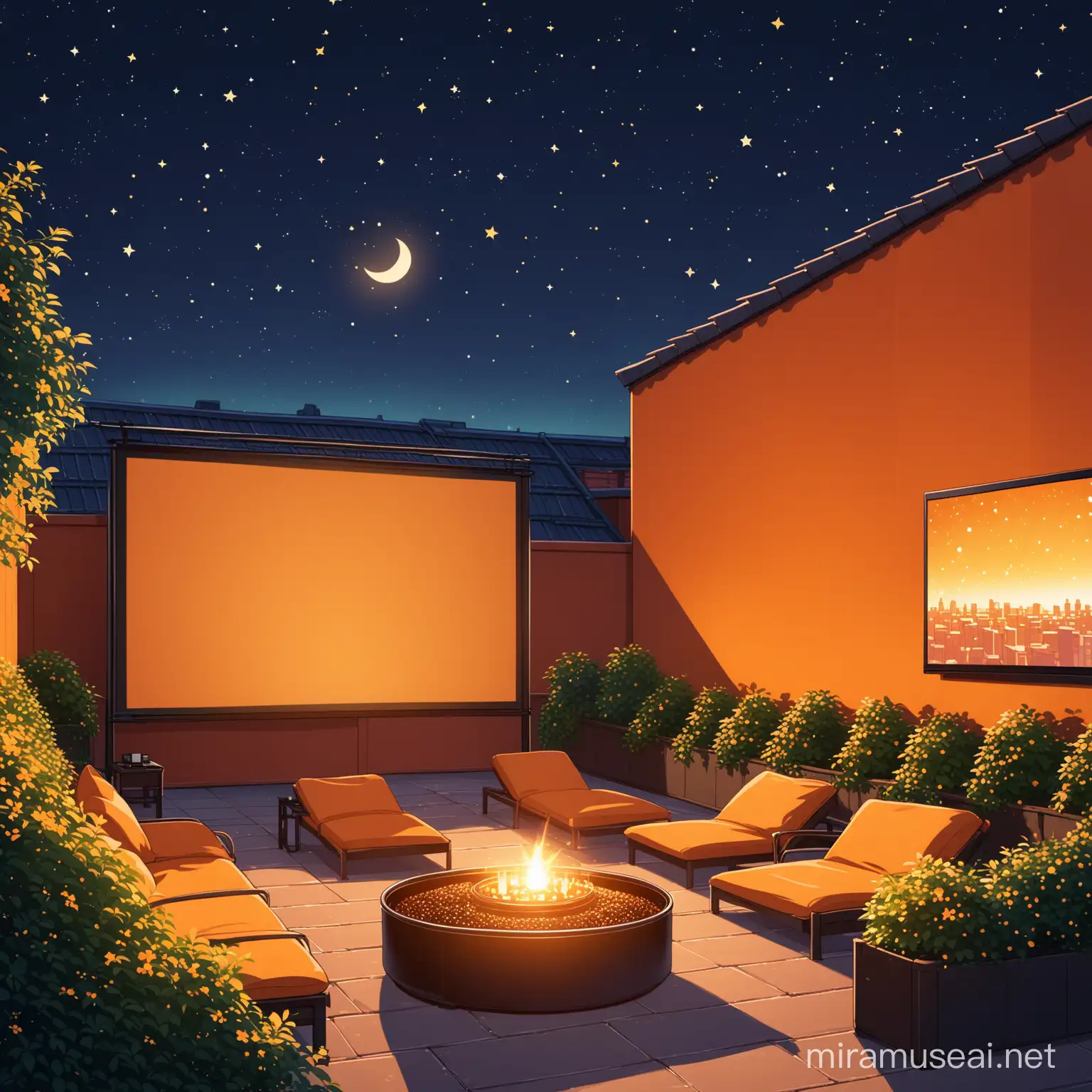 Animation image of  movie night cinema large screen in a cozy rooftop garden with an orange background color as the night sky