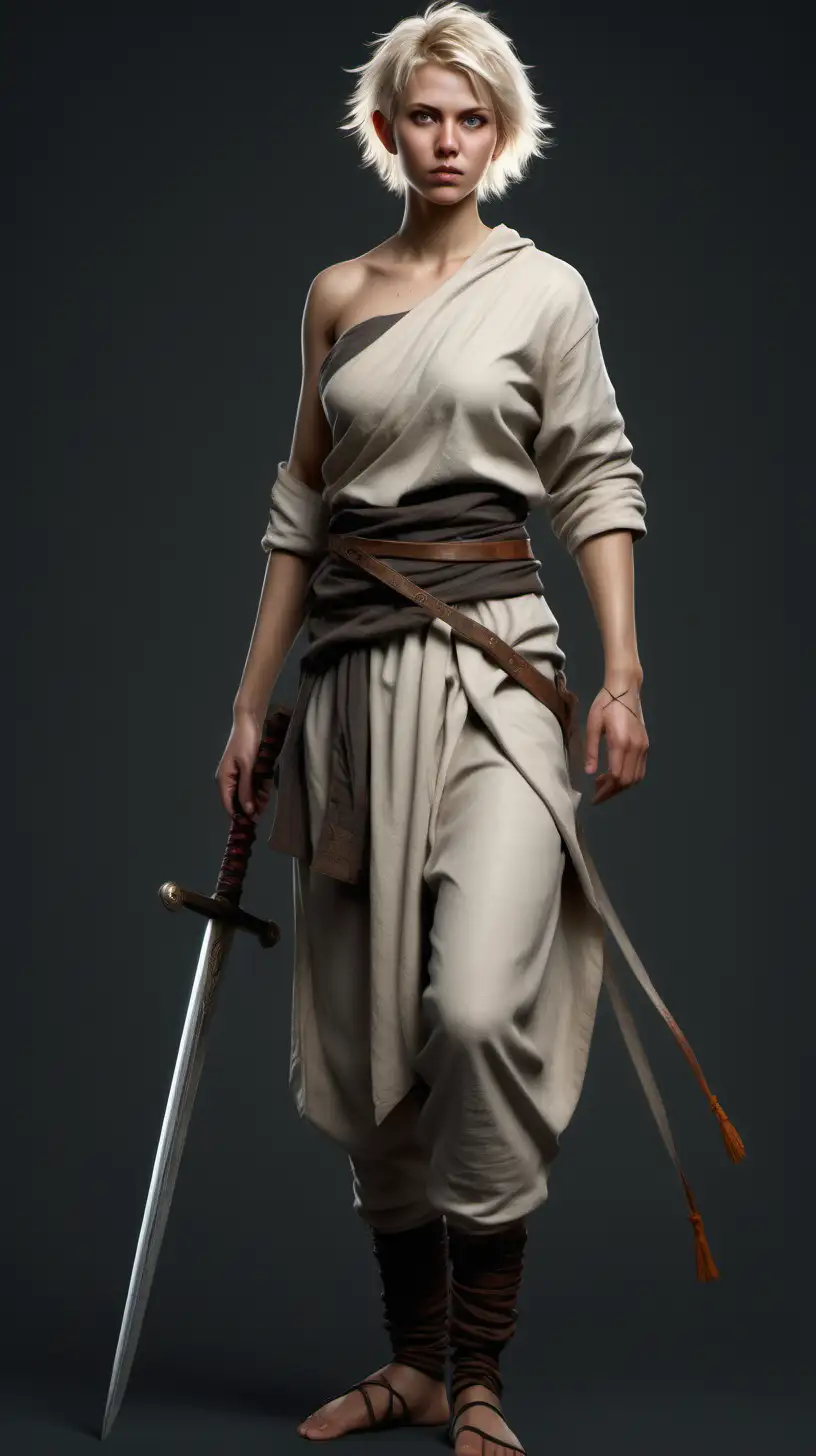 Photo realistic full body female nordic pretty young tall, fit, amber eyes, short messy blonde hair, warrior monk