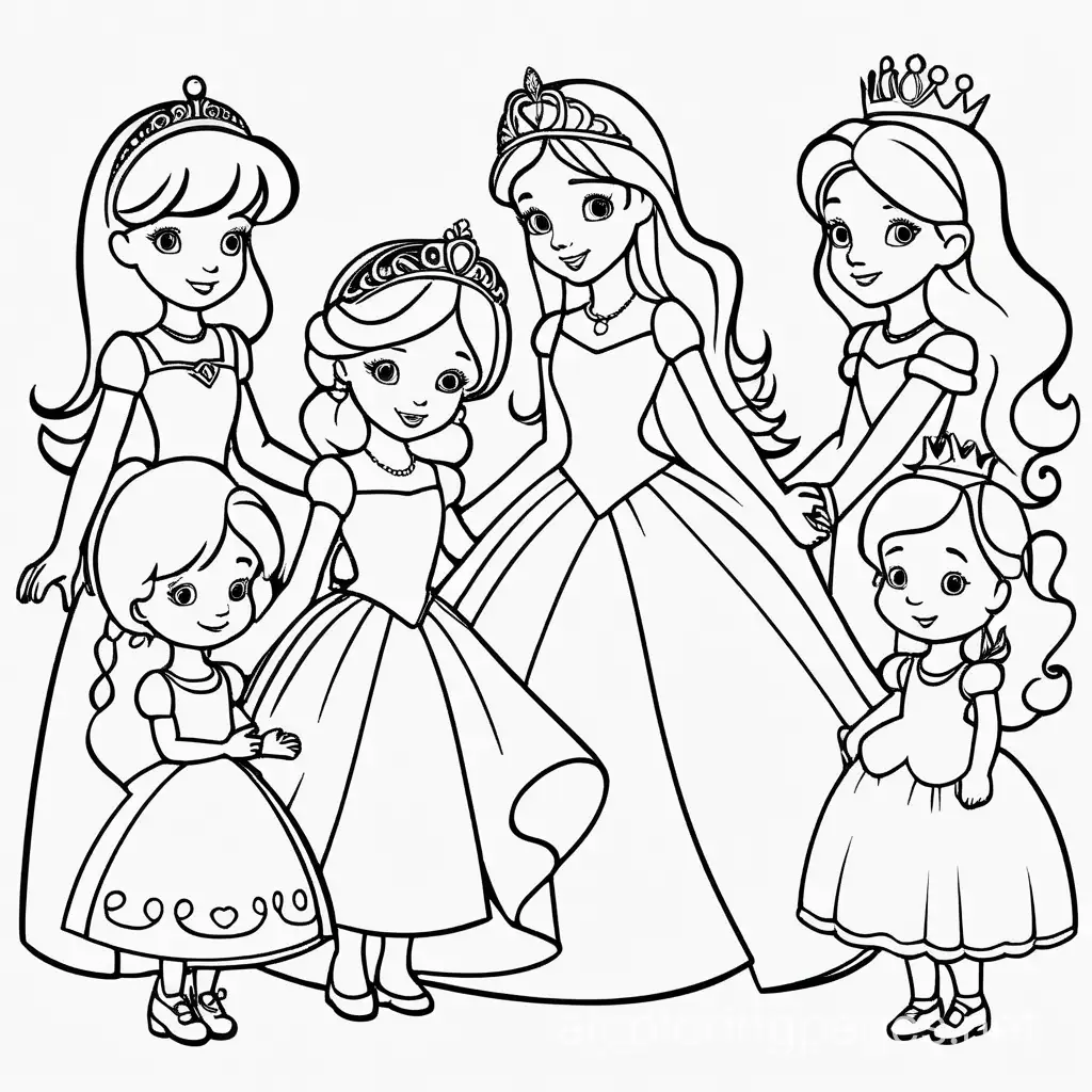 princess with princess friends, Coloring Page, black and white, line art, white background, Simplicity, Ample White Space. The background of the coloring page is plain white to make it easy for young children to color within the lines. The outlines of all the subjects are easy to distinguish, making it simple for kids to color without too much difficulty
