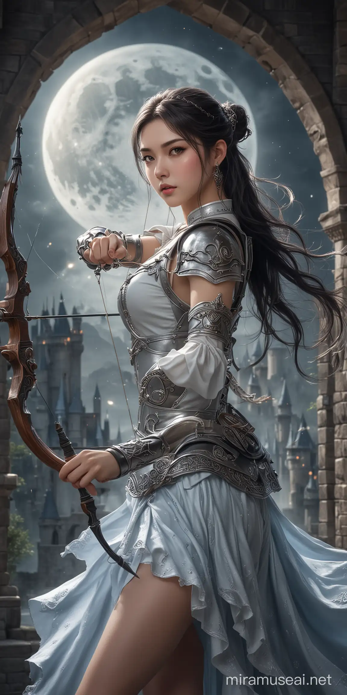 Gadis idol realistis yang sangat cantik, moon element beauty sexy elegant archer, background fantasy castle, fotostudio yang sangat detail, pencahayaan lampu studio, focused medium shot