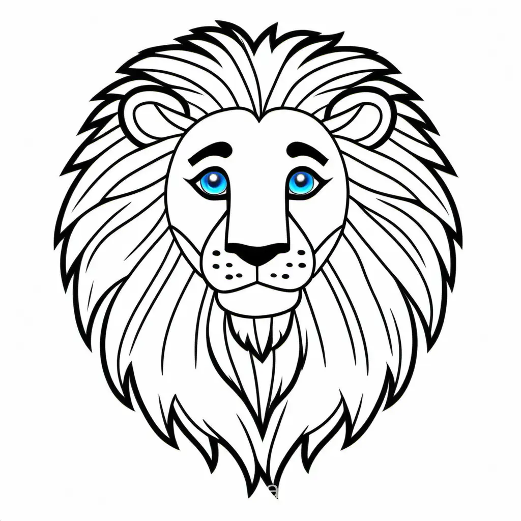 Lion with blue eyes, Coloring Page, black and white, line art, white background, Simplicity, Ample White Space. The background of the coloring page is plain white to make it easy for young children to color within the lines. The outlines of all the subjects are easy to distinguish, making it simple for kids to color without too much difficulty