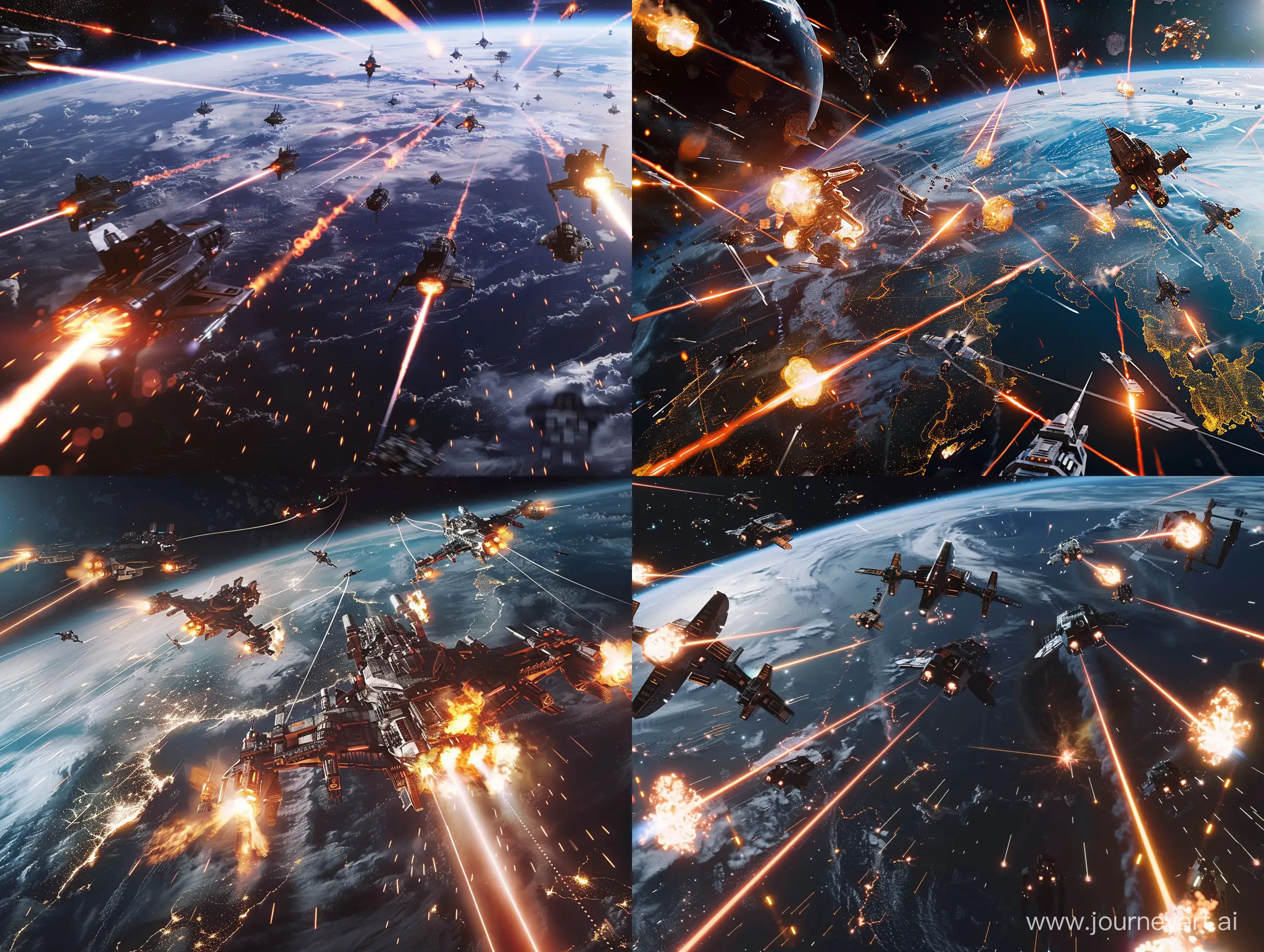 space, earth's lower view, multiple spaceships fighting other spaceships, lasers,fire,explosions,shockwaves, cinematic, 8k, wide angle, 