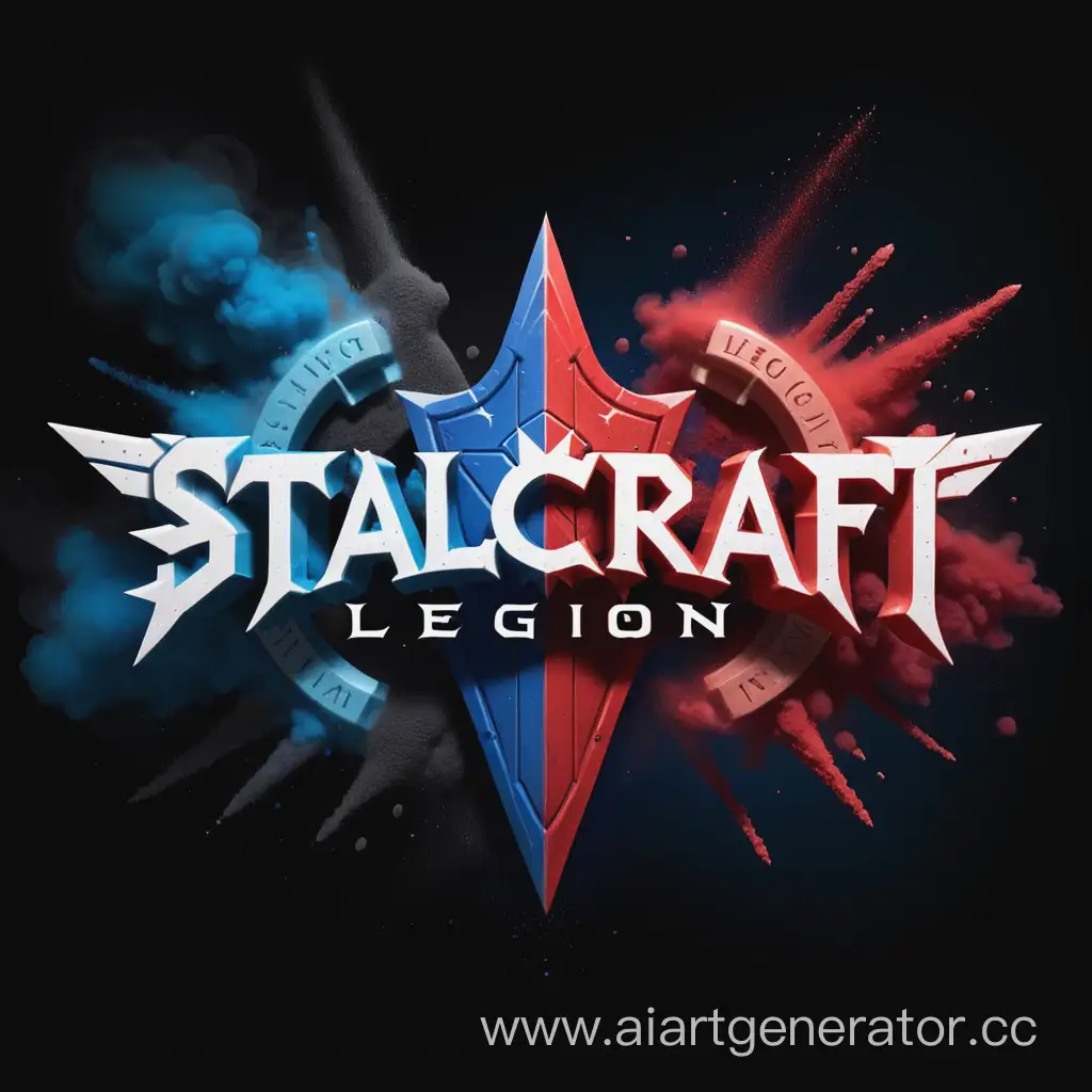 Темный фон, белая надпись "Stalcraft" , белая нижняя надпись  "Legion", красная и синяя пыль по бокам