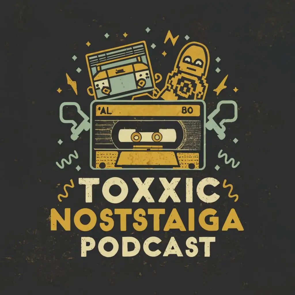 It has the text TOXIC NOSTALGIA Podcast, the main symbol is the vhs tape, arcade, 80s retro style, and a clear background.