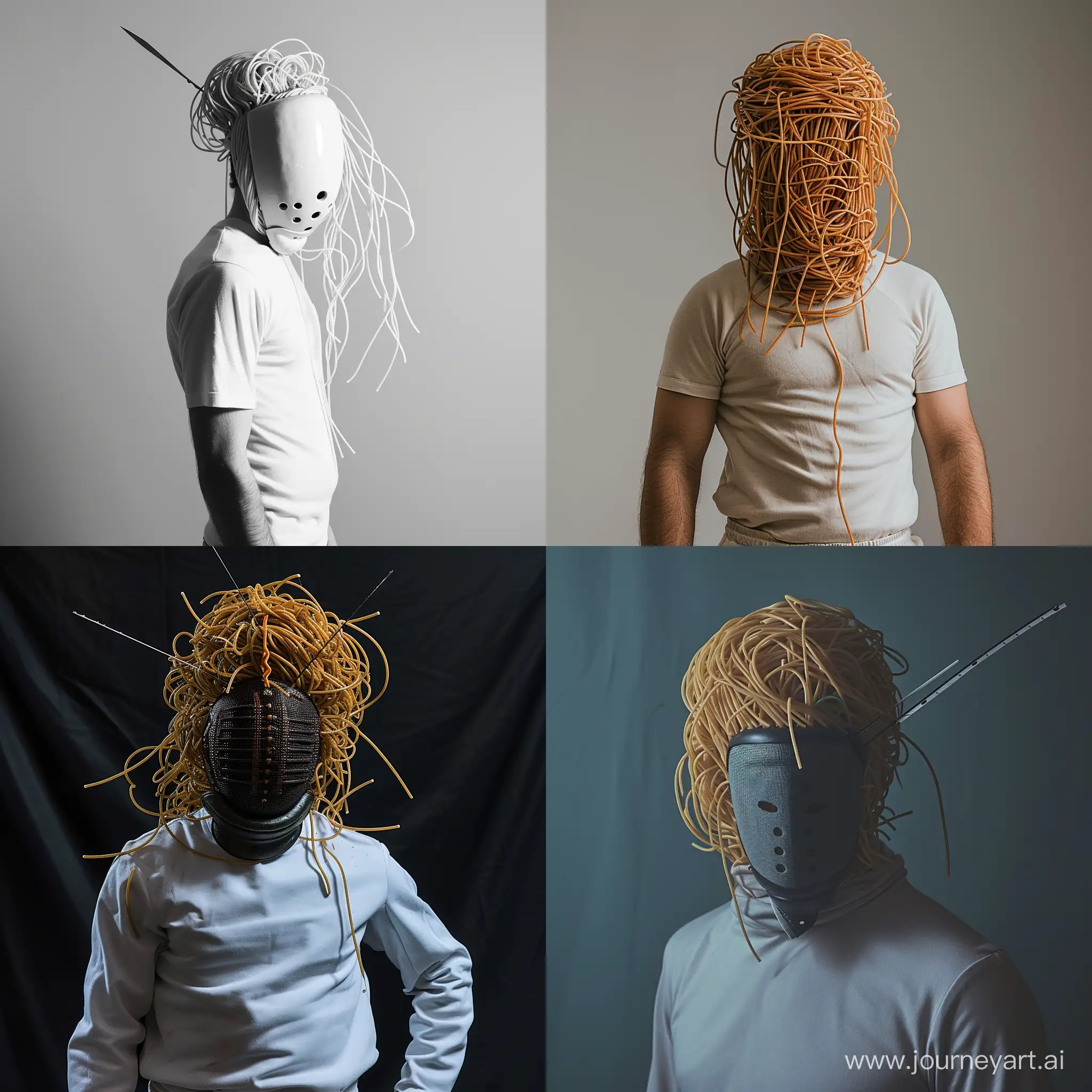 Фото человека по пояс в фехтовальной маске из спагетти