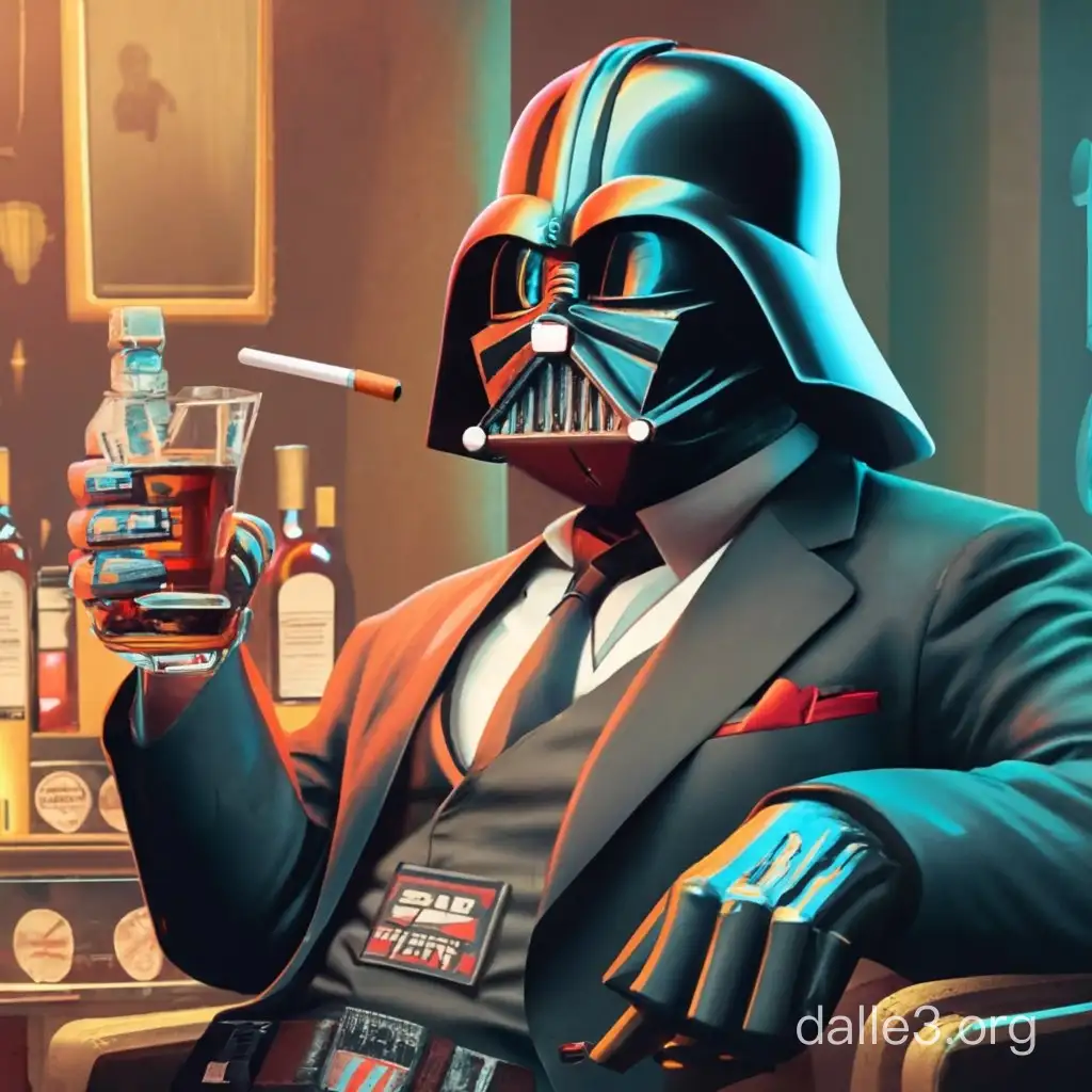 Darth vader smoking cigarette and drinking jack daniels