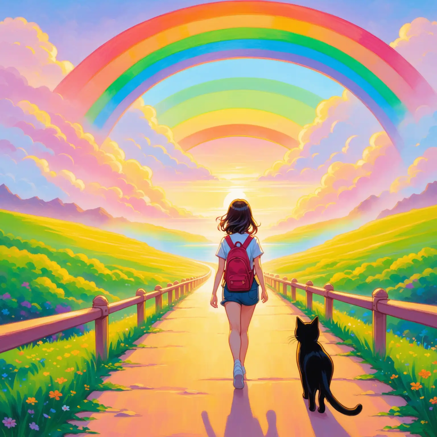 a cartoon oil painting of a young woman walking towards a rainbow bridge with a black cat walking alongside her