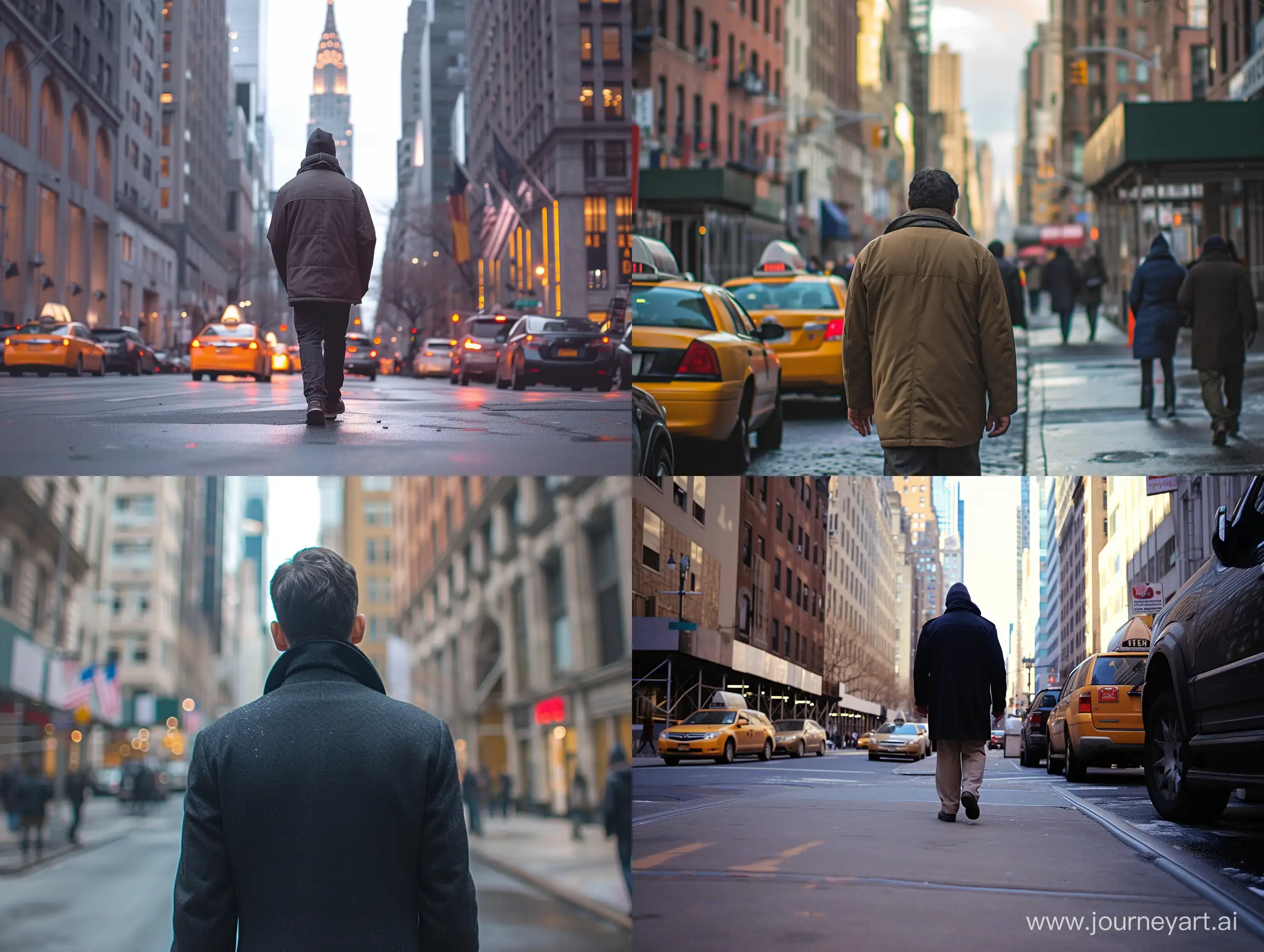 Capture a photograph of a man walking in New York City from a rear perspective, at the ideal angle, with a full view.