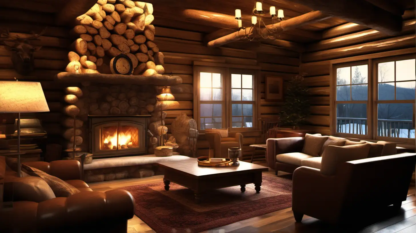Living room in a log cabin, dark oak wood, fireplace. Warm golden lighting, photographic quality.