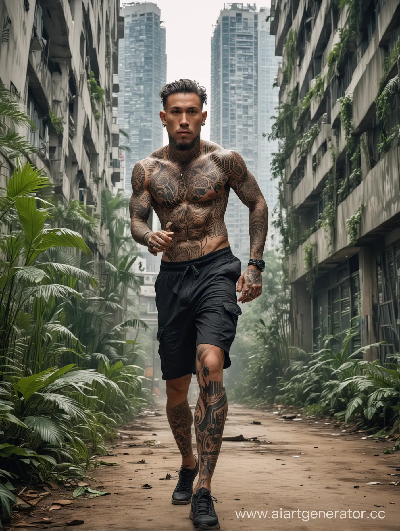Tattoo-Artist-Running-through-Jungle-with-Urban-Skyline-Background