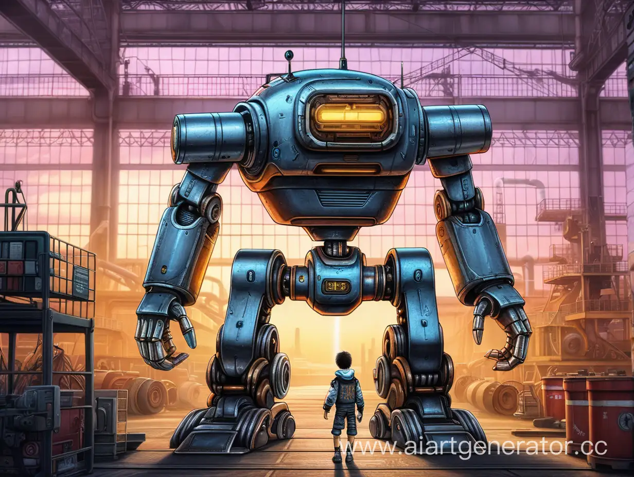 draw the center of the factory with a cyberpunk robot sunset metal stands a robot in the middle