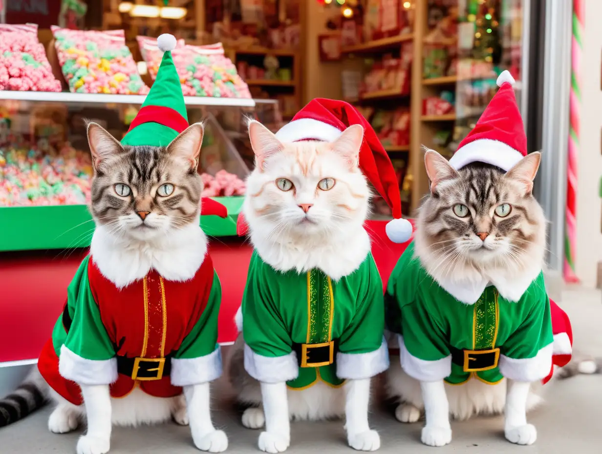 3 cats wearing elf costumes in front of a candy store