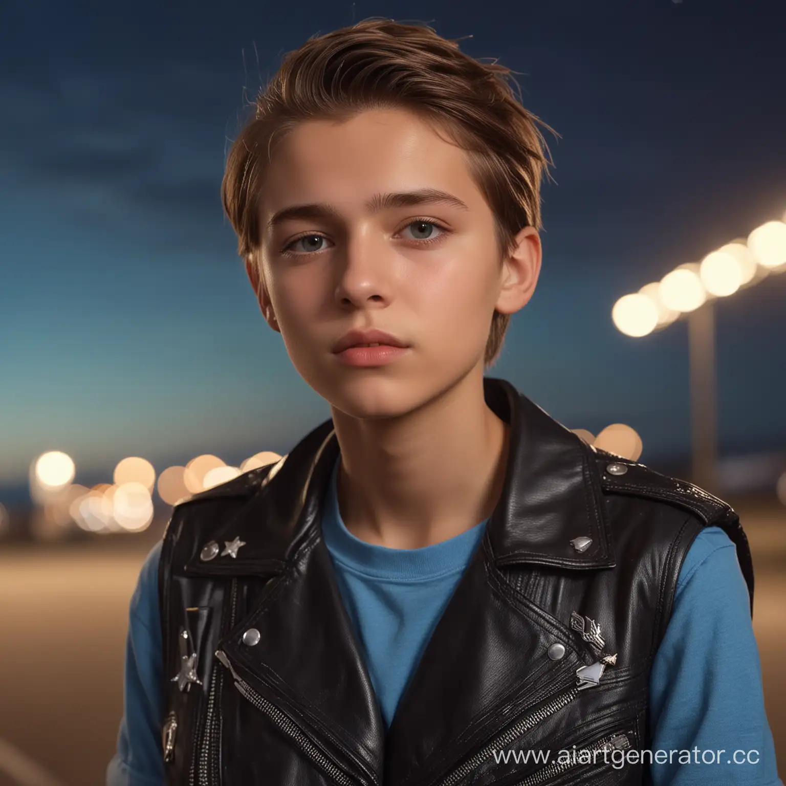 Russian androgyne boy 15 years old, very beautiful, Looking at the night sky, stars in the sky, July.
black leather sleeveless jacket, blue T-shirt, runway airport on the background of, 
masterpiece, best quality, highres, 
8k, ray tracing, 
intricate details, highly detailed, 
perfect face, russian face