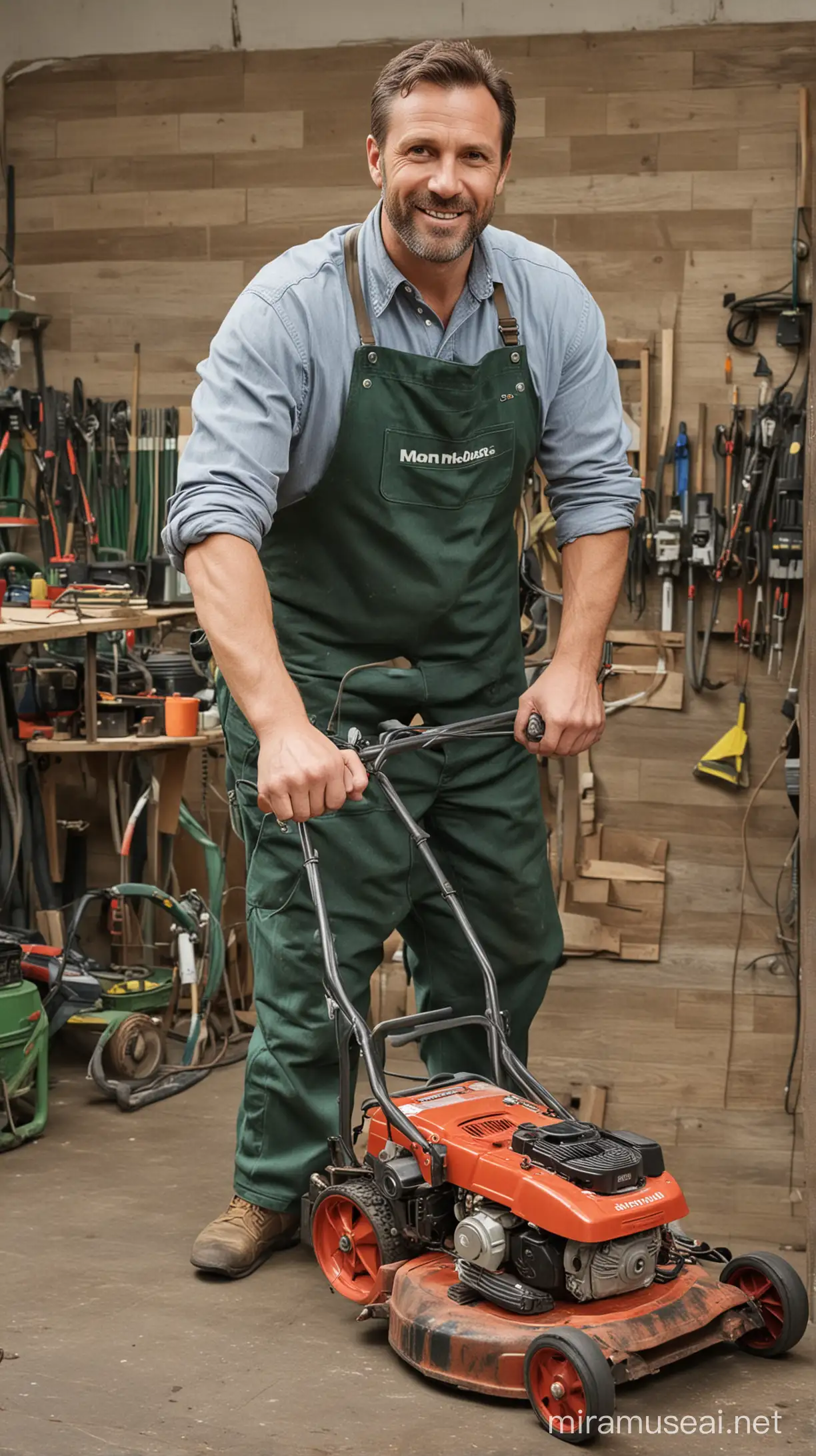 Create a 40-year old man, in a workshop where he sells lawn mowers.
