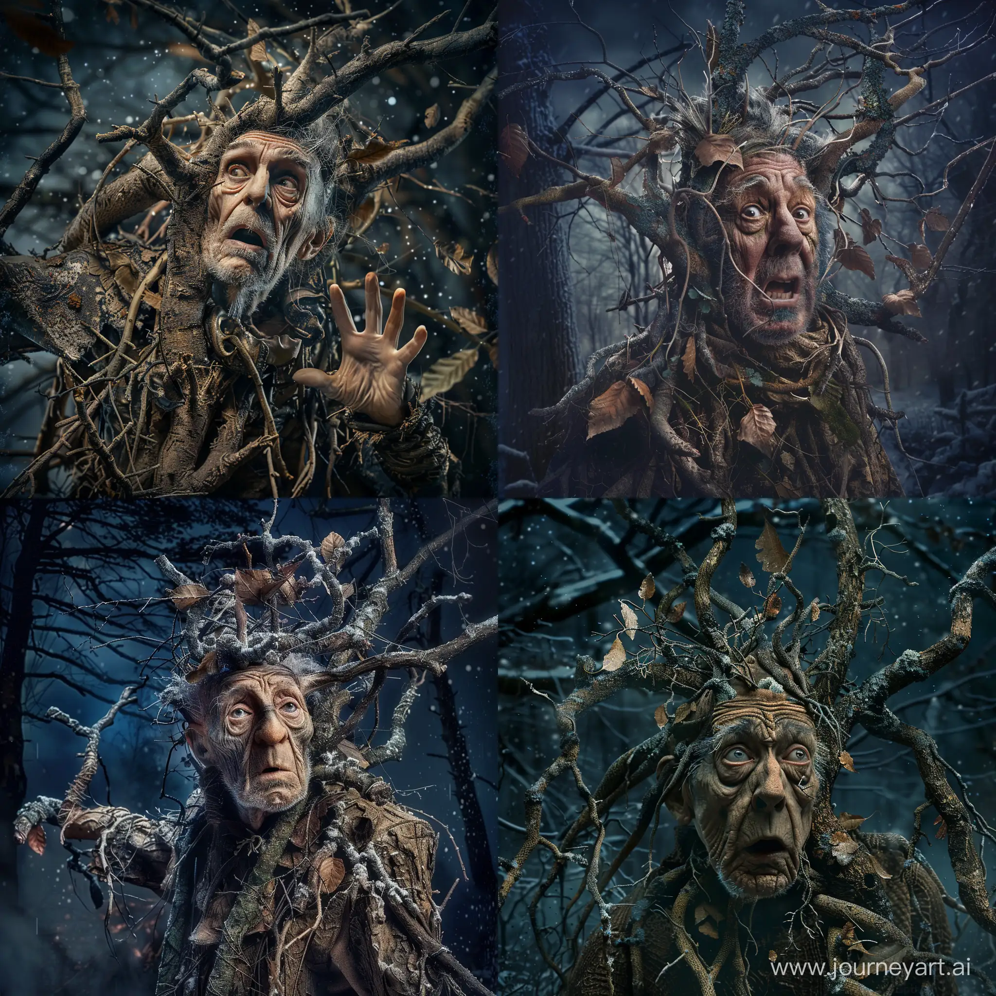 A photograph of a old man who has been transformed into a tree due to a magic spell. He has branches, roots, bark and leaves. He is in a cold forest at night with a scared expression.