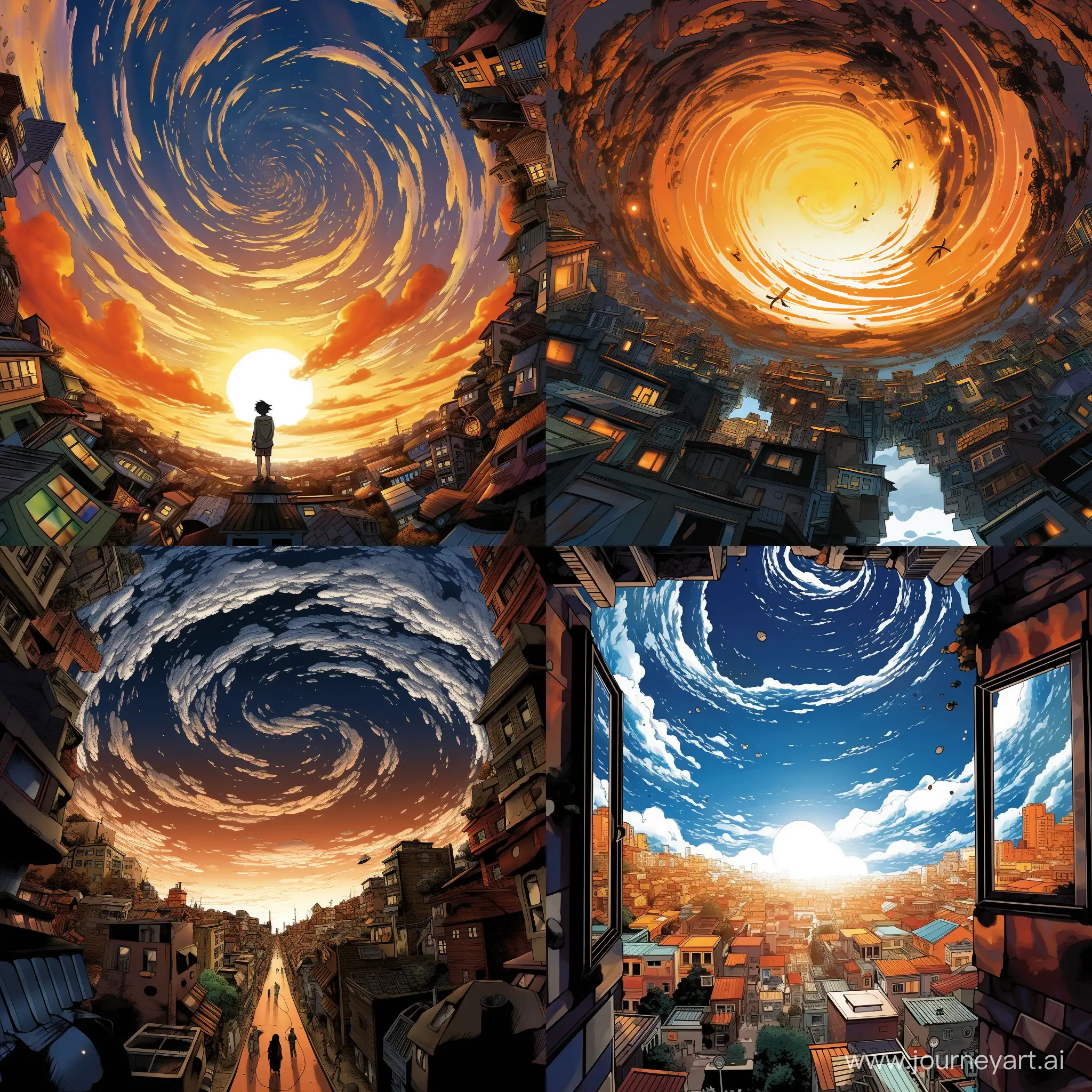 Manga panel, best quality, a swirling vortex rising into the sky, buildings are being sucked into the vortex, windows and people are floating in the vortex