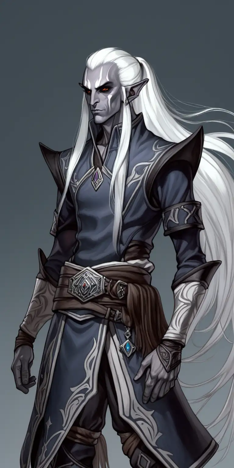 A male dark elf with long white hair in a ponytail. He is wearing rogue attire