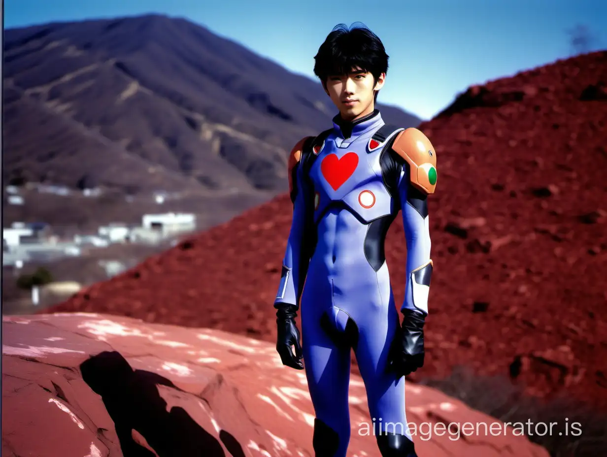 Photo of a Japanese male high school student wearing an Evangelion pilot suit, standing on a red rock hill. He has blue tights, black hair, a heart-shaped face, a smile, and almond eyes.