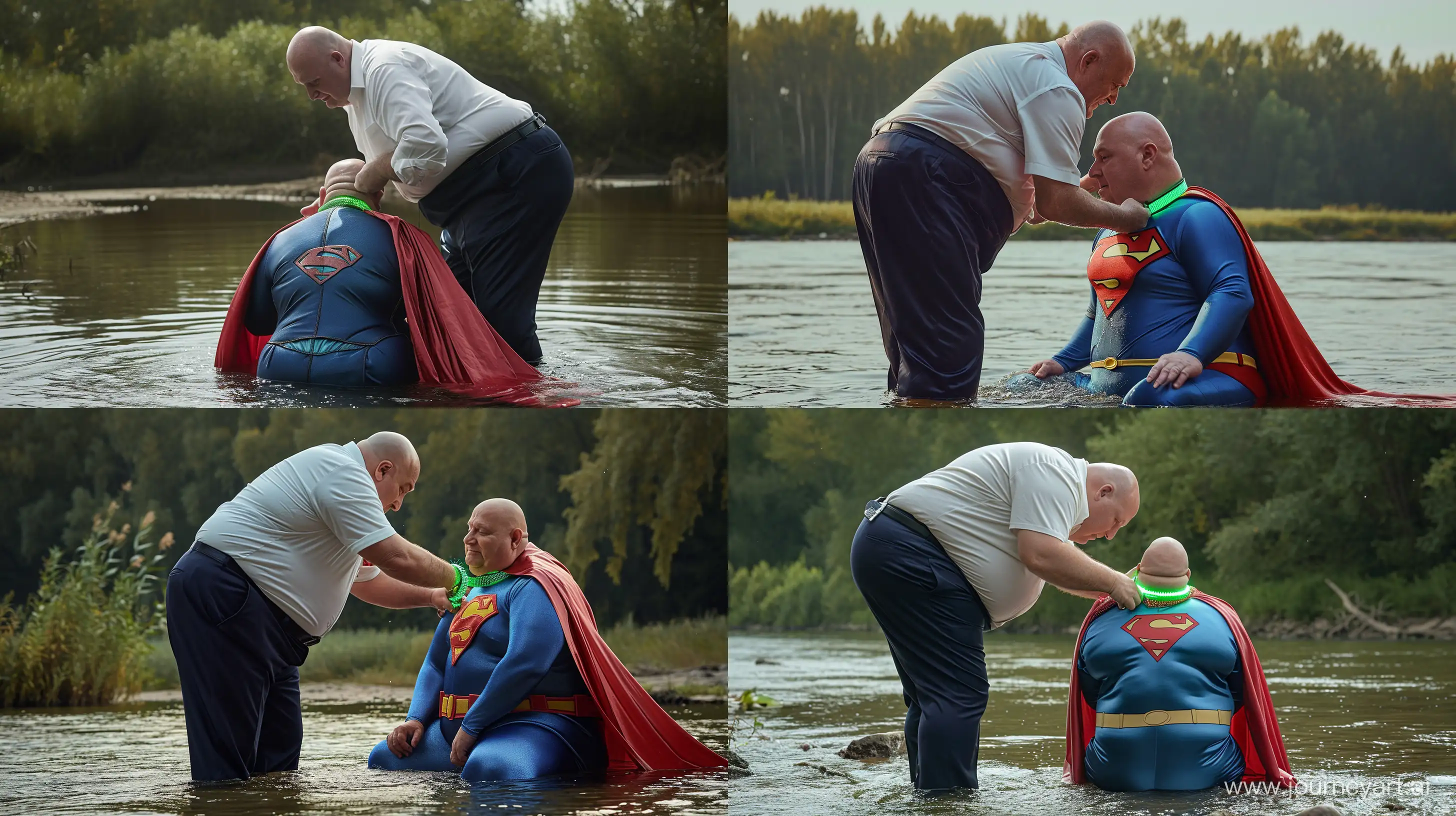 Back view photo of a chubby man aged 60 wearing silky navy business pants and a white shirt, bending and tightening a green glowing small short dog collar on the neck of another chubby man aged 60 sitting in the water and wearing a tight blue silky superman costume with a large red cape. River. Outside. Natural light. Bald. Clean Shaven. --style raw --ar 16:9 --v 6