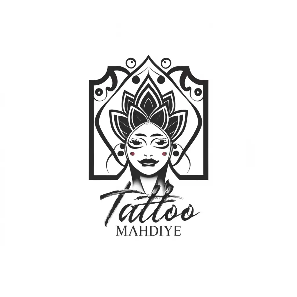 a logo design,with the text "Tattoo Mahdiye", main symbol:Body tattoo
Awoman
Black and white,Moderate,be used in Beauty Spa industry,clear background