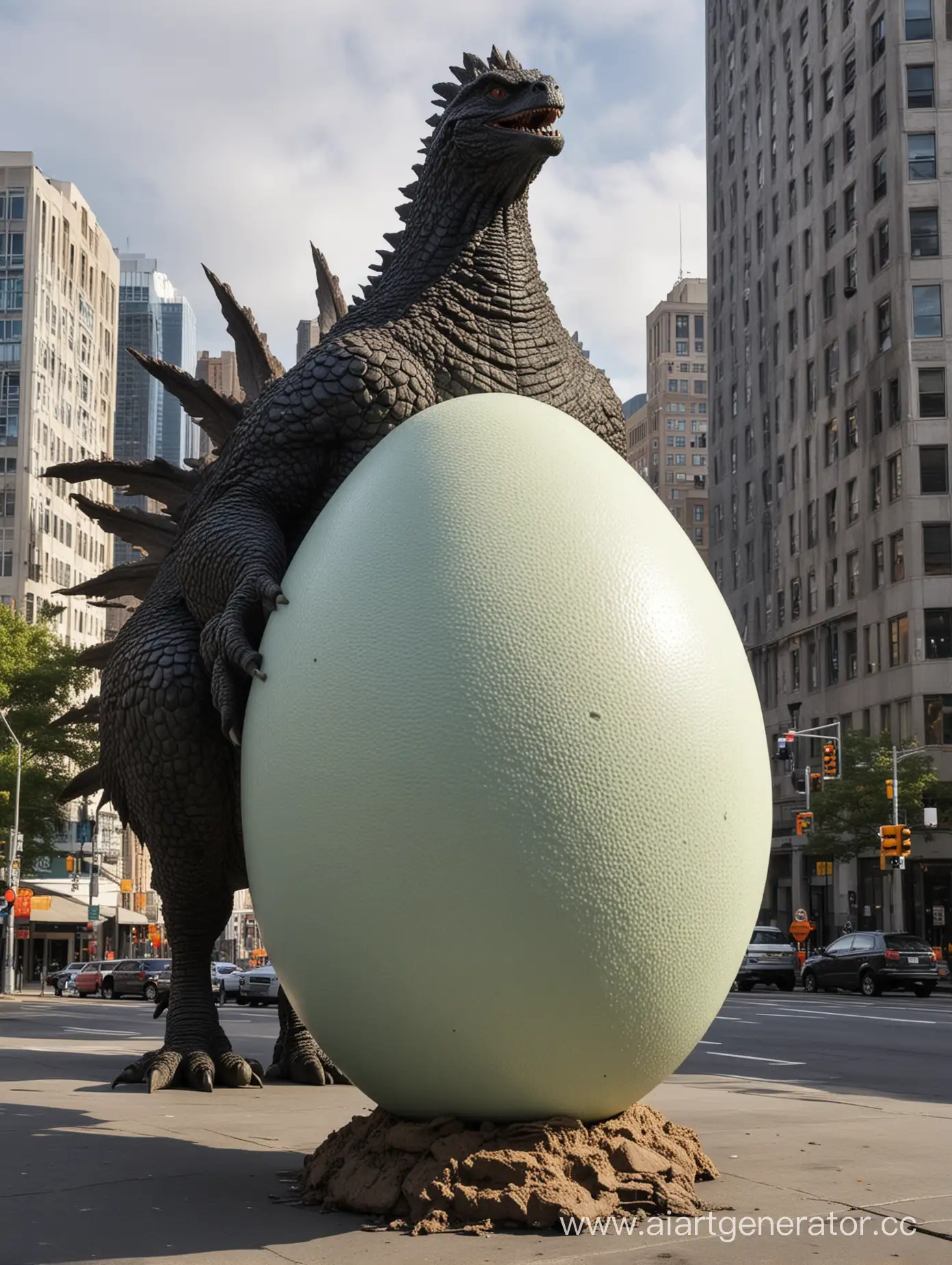 Годзилла в городе, а напротив неё огромное куриное яйцо