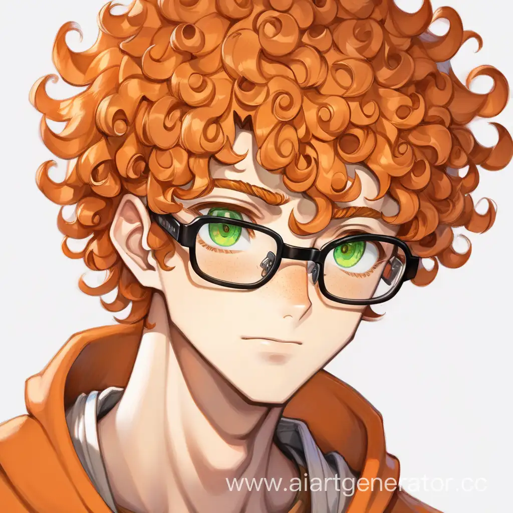 Оранжевый кучерявый аниме парень в очках зеленые глаза веснушки