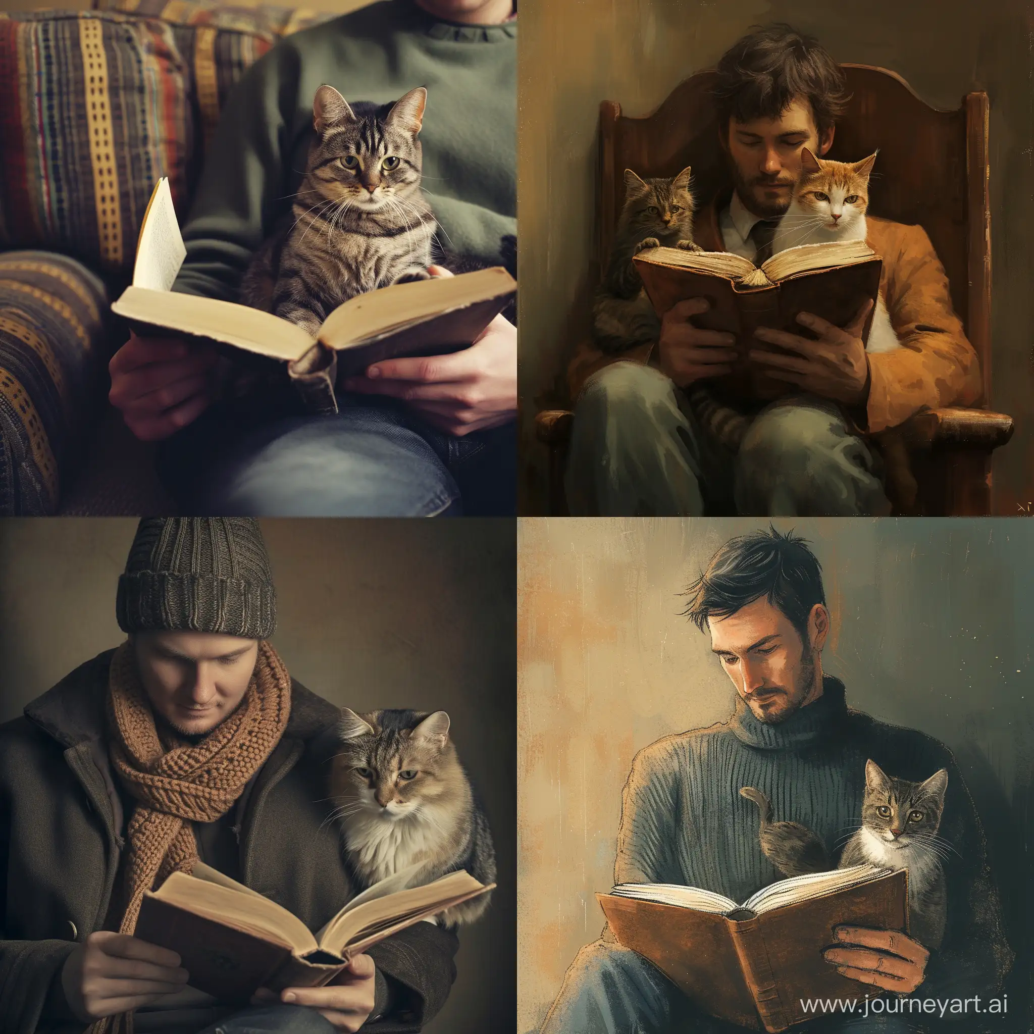 A man Reading a book while a cat is on his lap