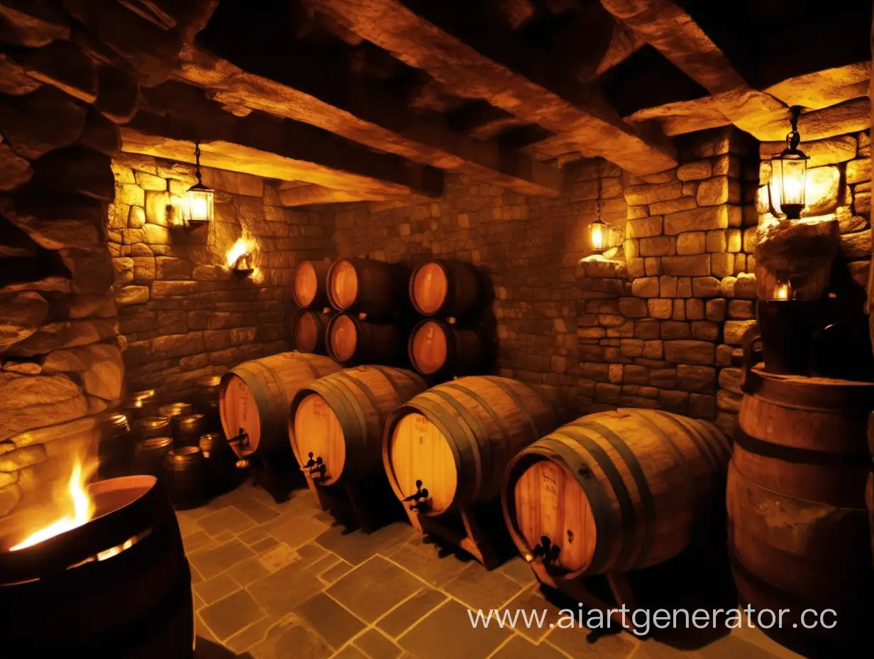 cozy cellar , stone walls, wooden beams, barrels of honey, torches on the wall