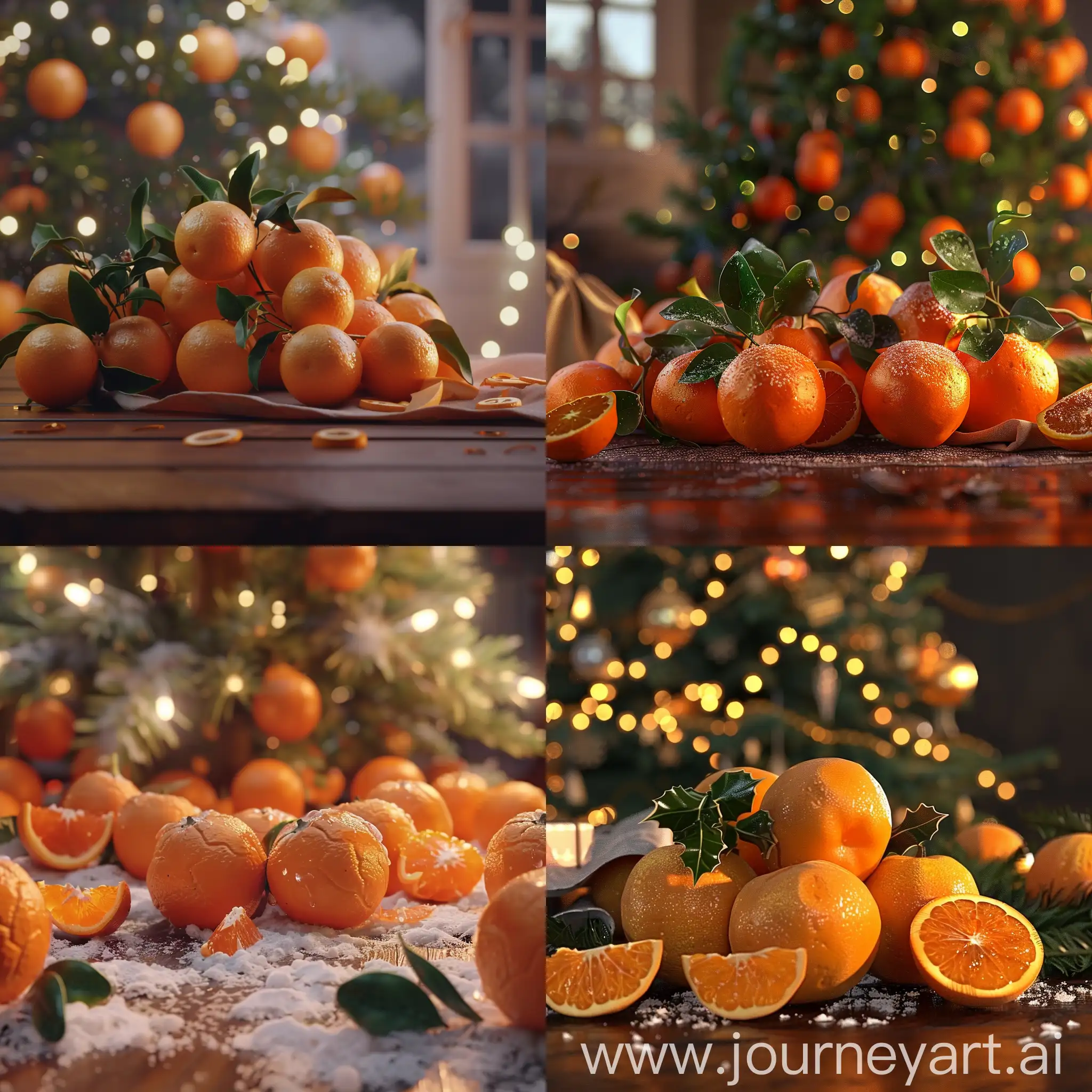 New Year's tangerines in front of Christmas tree:: 3D animation 