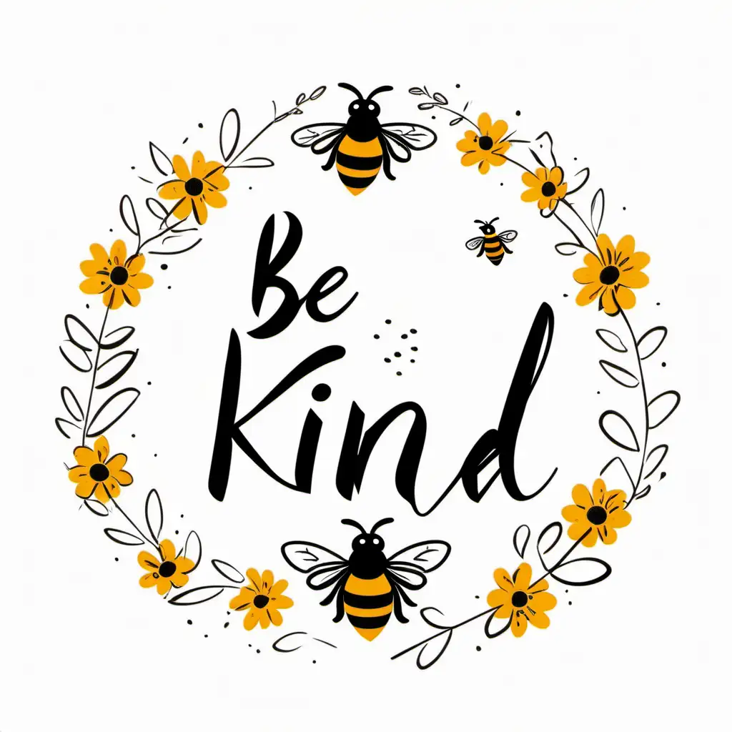 Be Kind Circle Typography Poster with Bees on Bright White Background